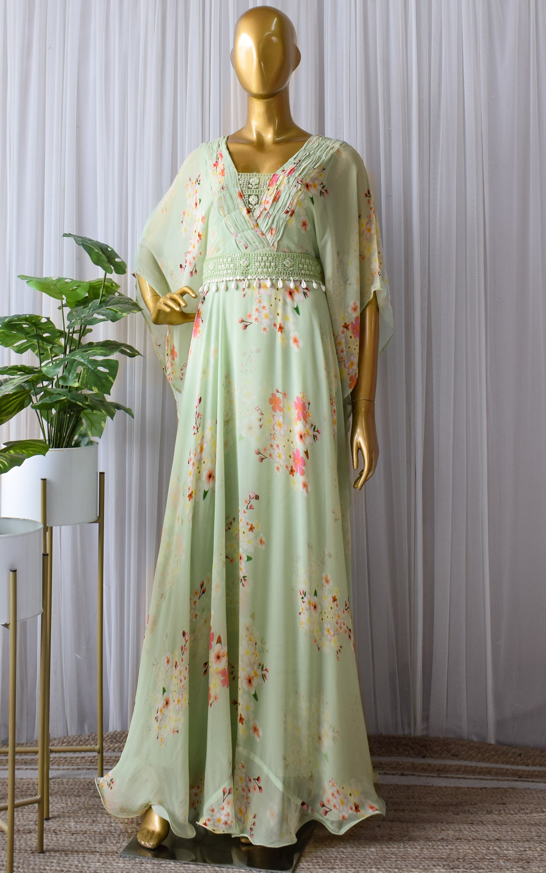 Sage Green Printed Georgette Floral Dress With Mirrorwork Belt