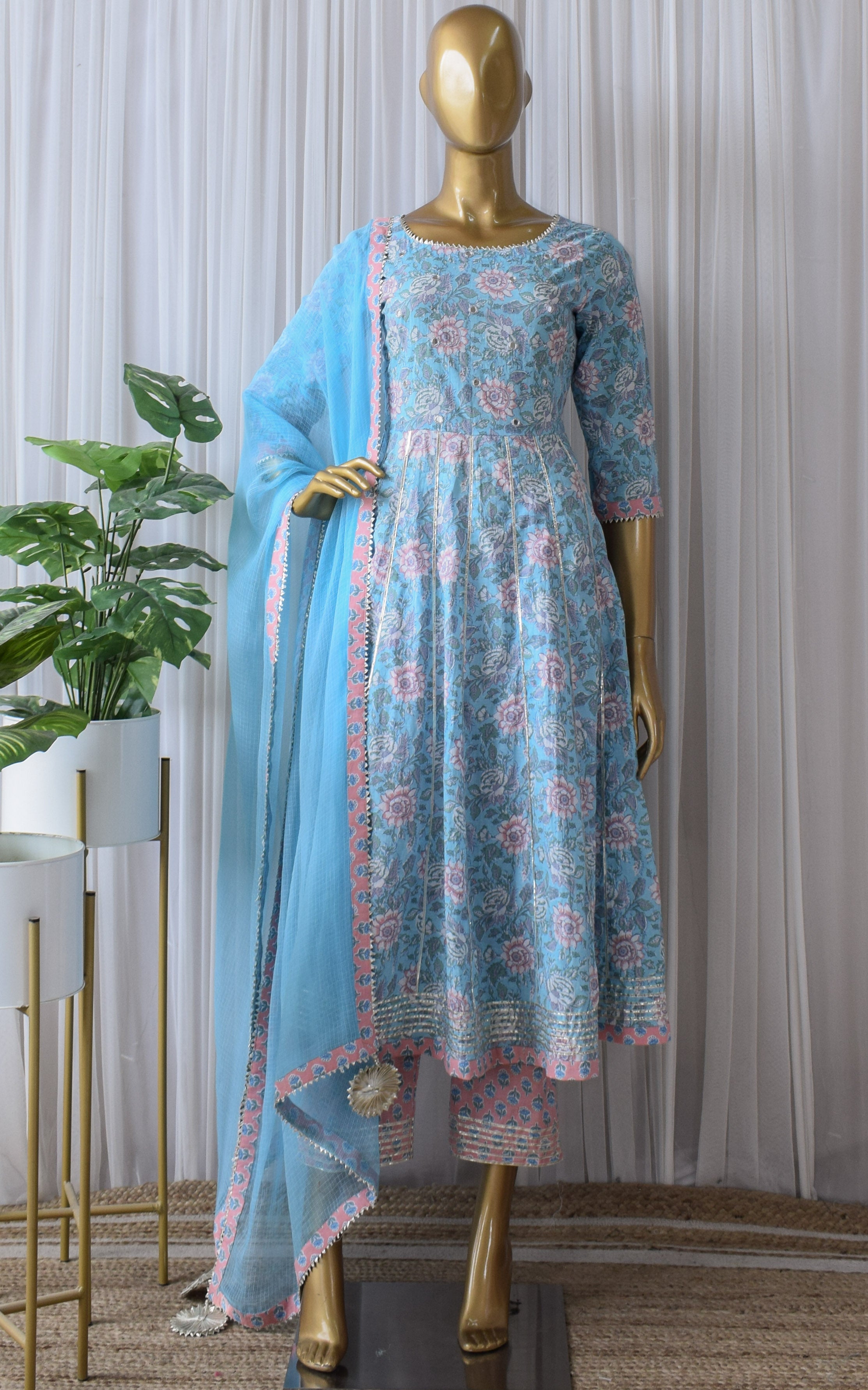 Sky Blue Floral Cotton Anarkali & Pant Set