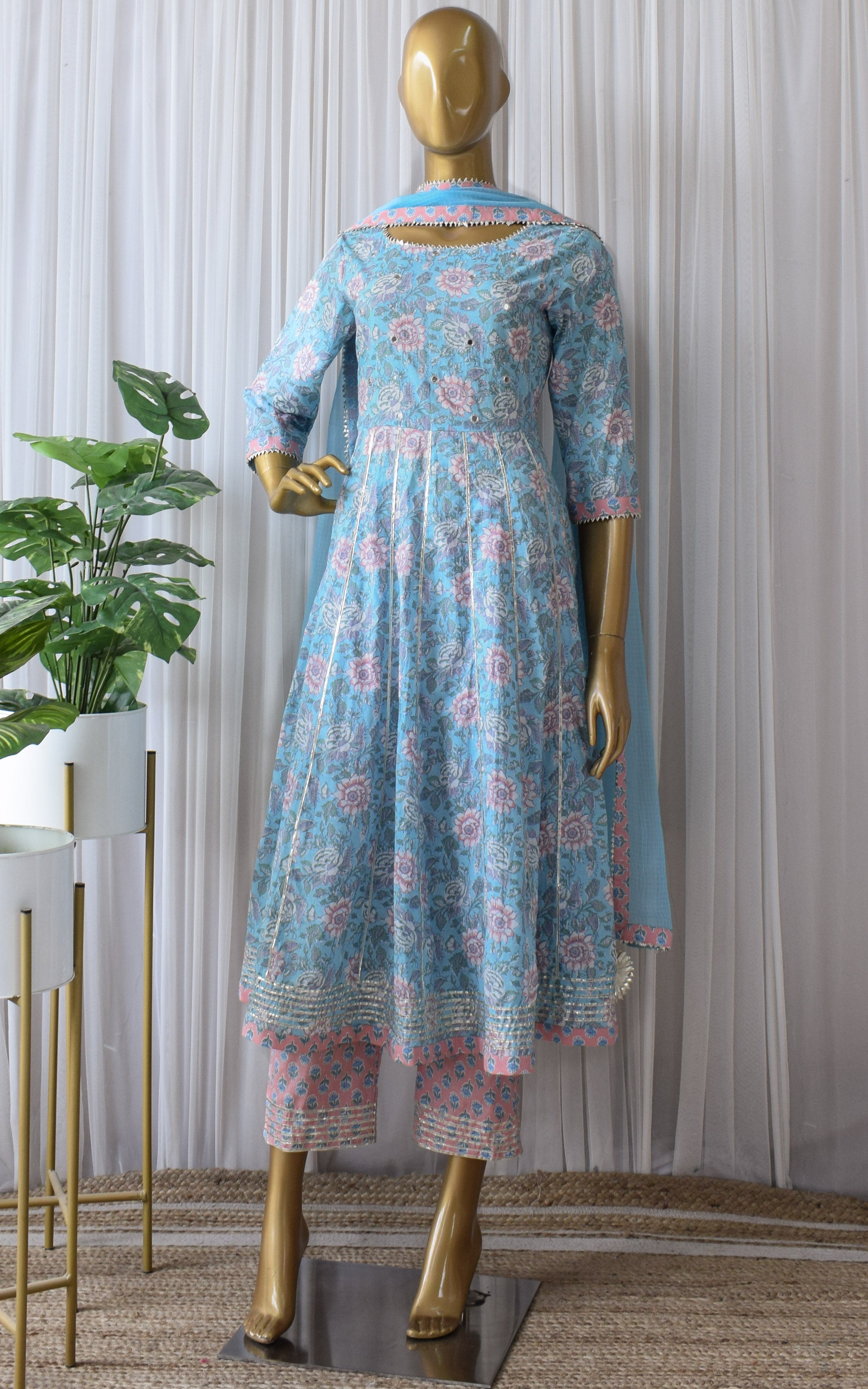 Sky Blue Floral Cotton Anarkali & Pant Set