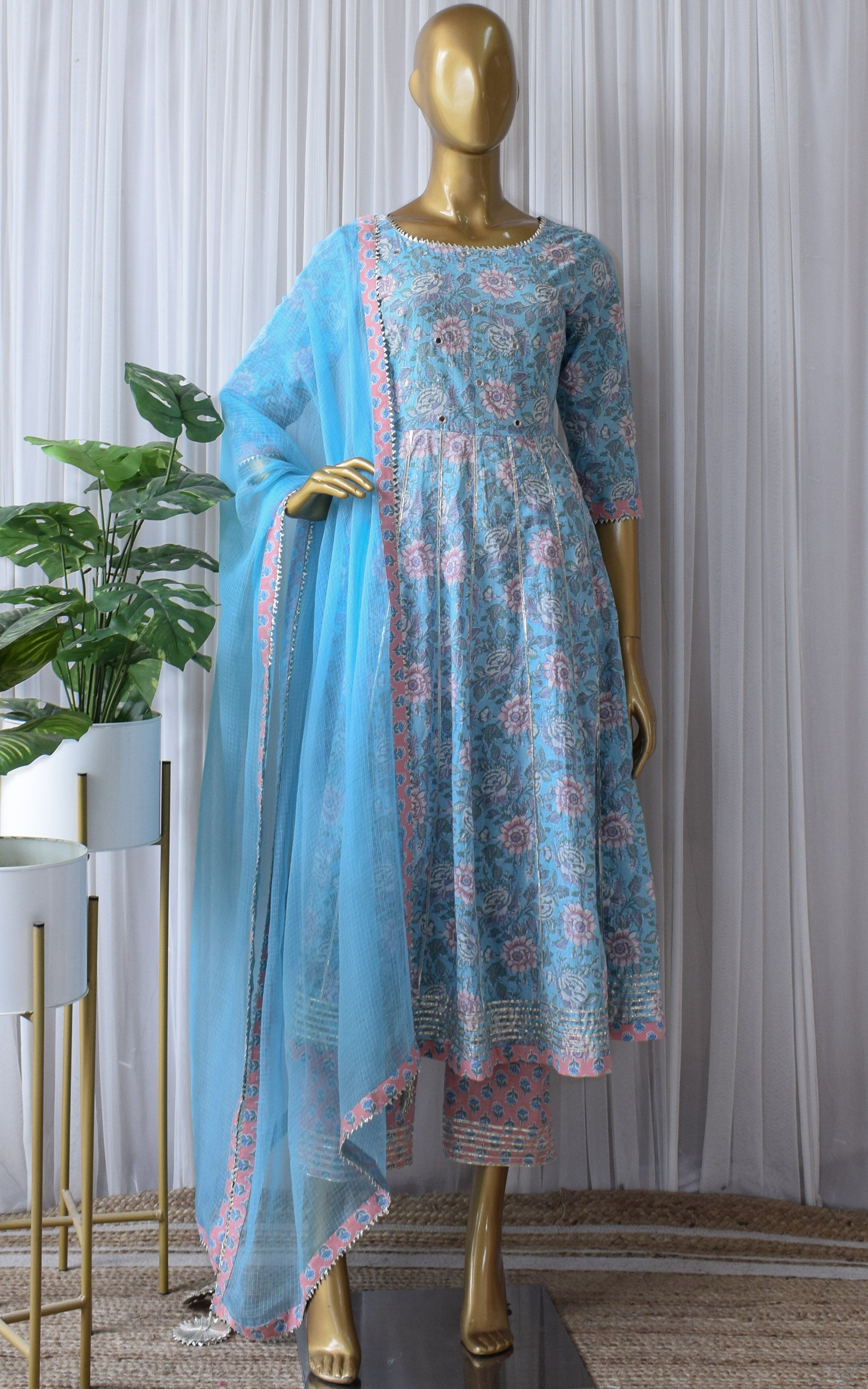 Sky Blue Floral Cotton Anarkali & Pant Set