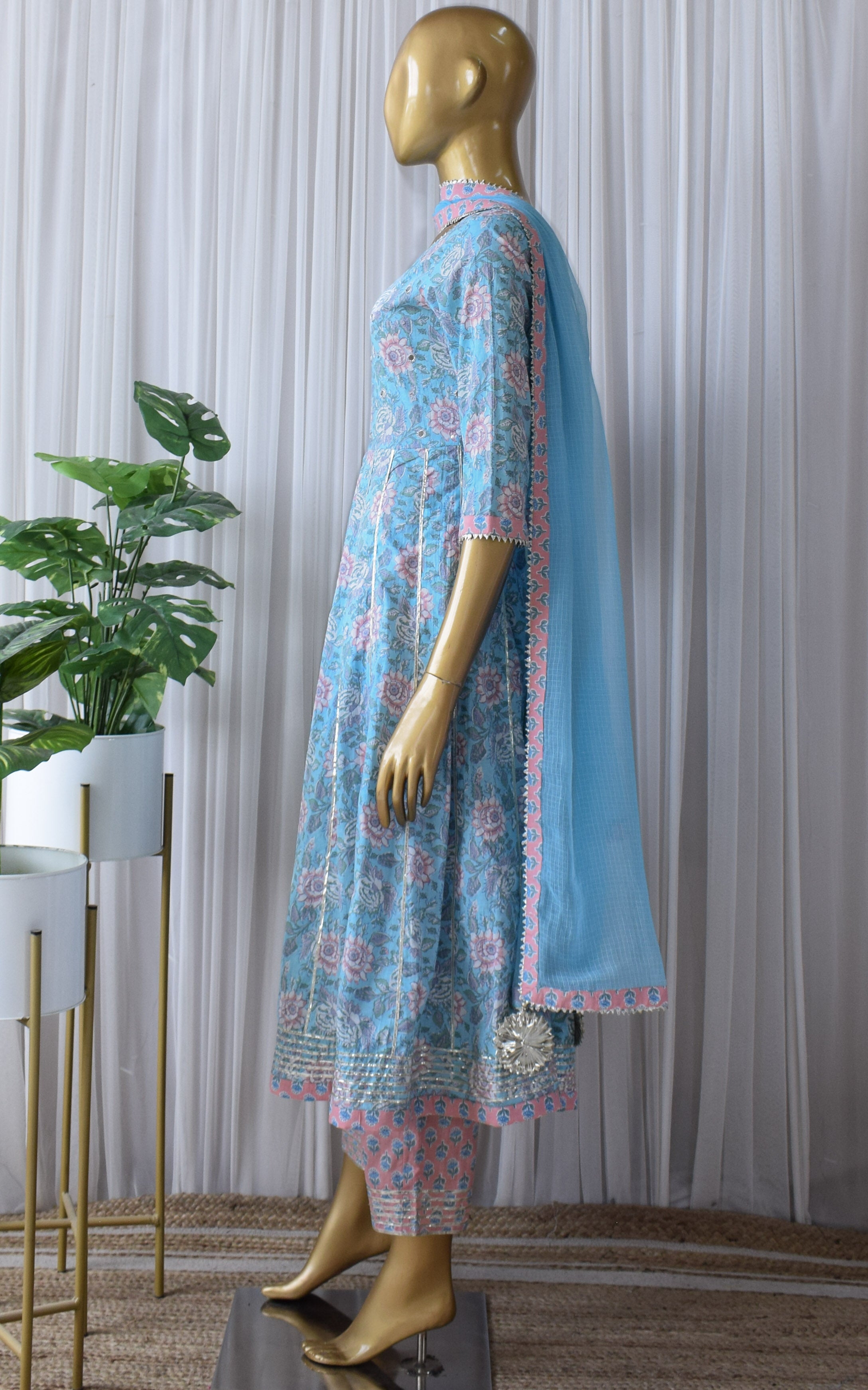 Sky Blue Floral Cotton Anarkali & Pant Set
