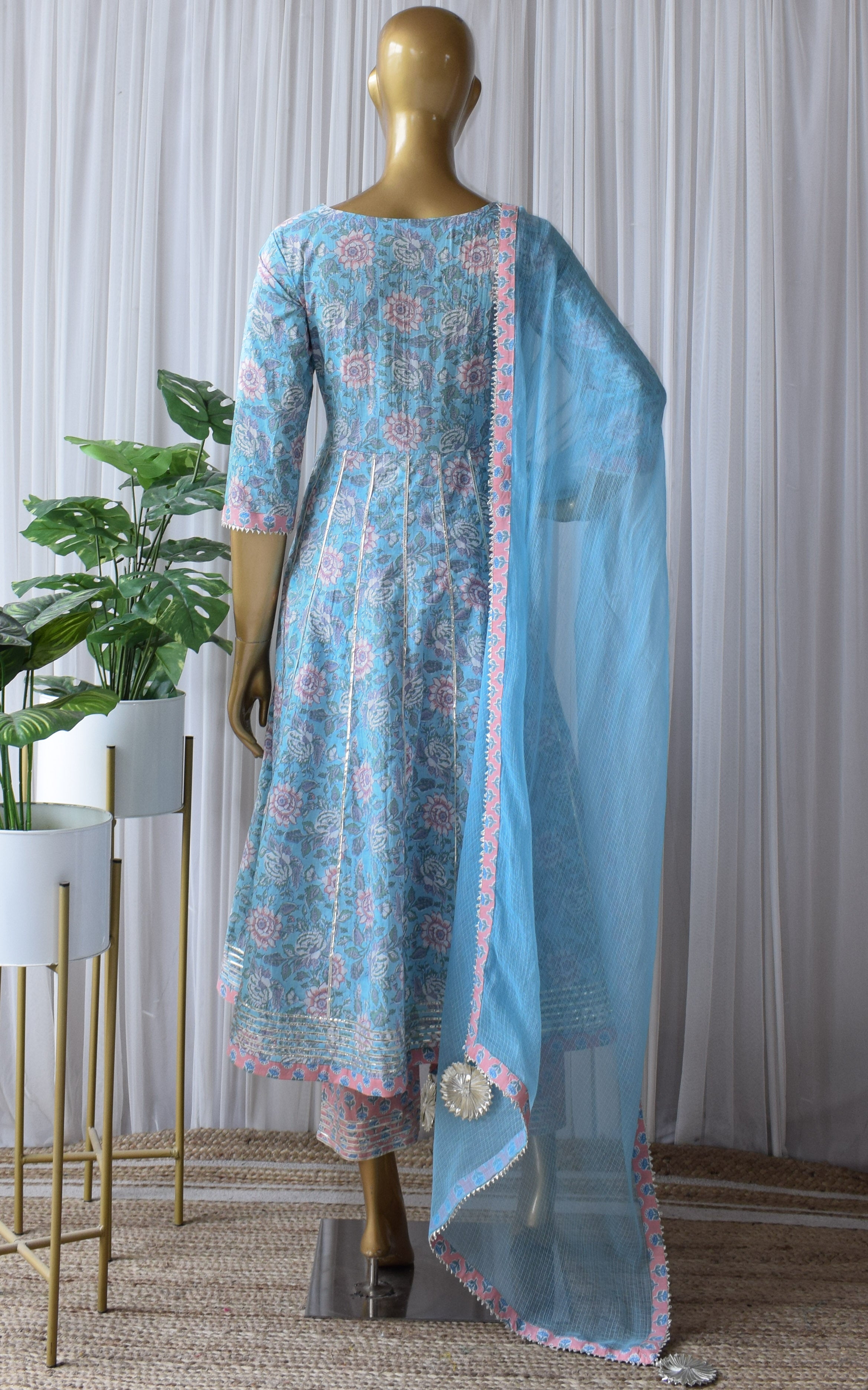 Sky Blue Floral Cotton Anarkali & Pant Set