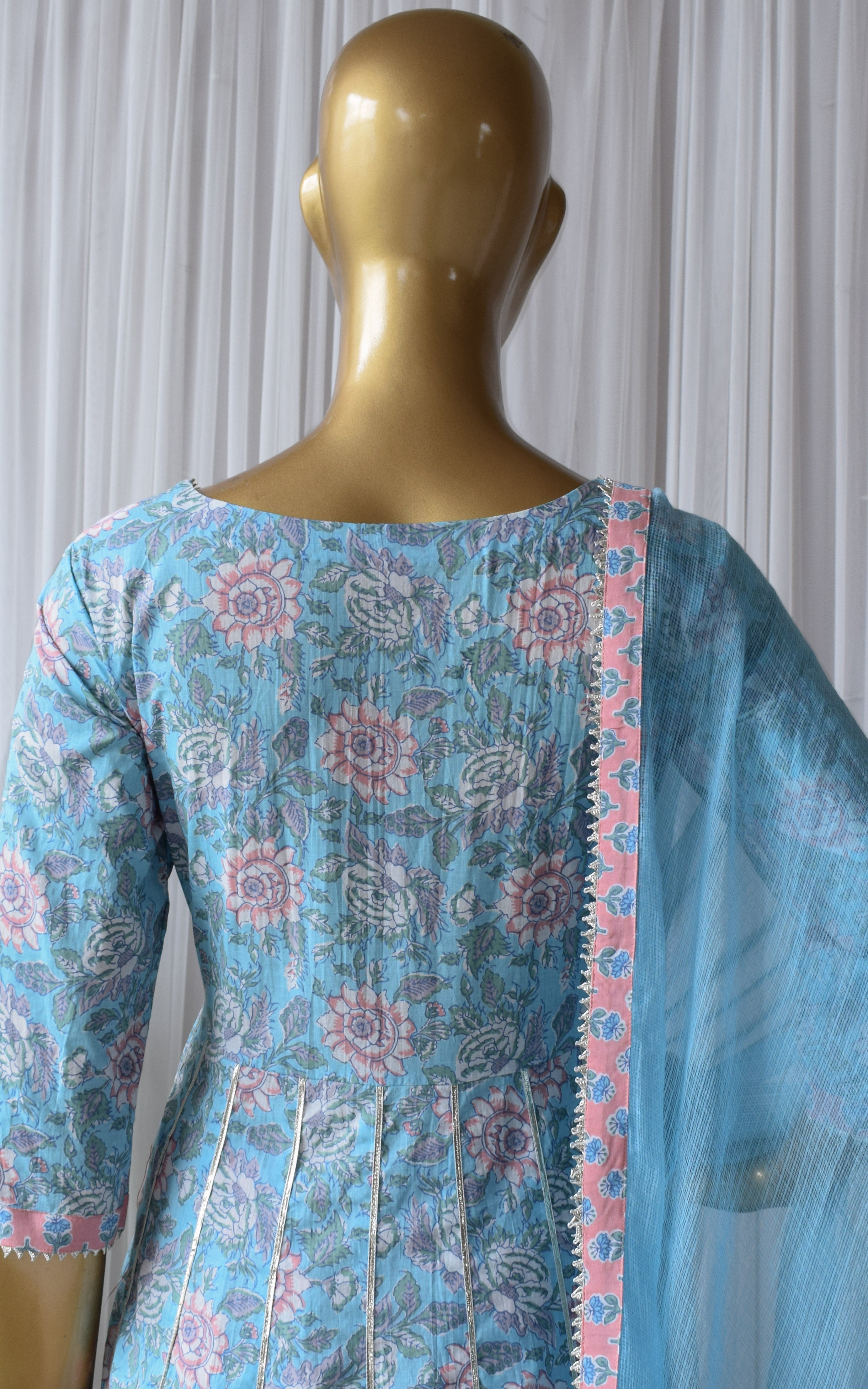 Sky Blue Floral Cotton Anarkali & Pant Set