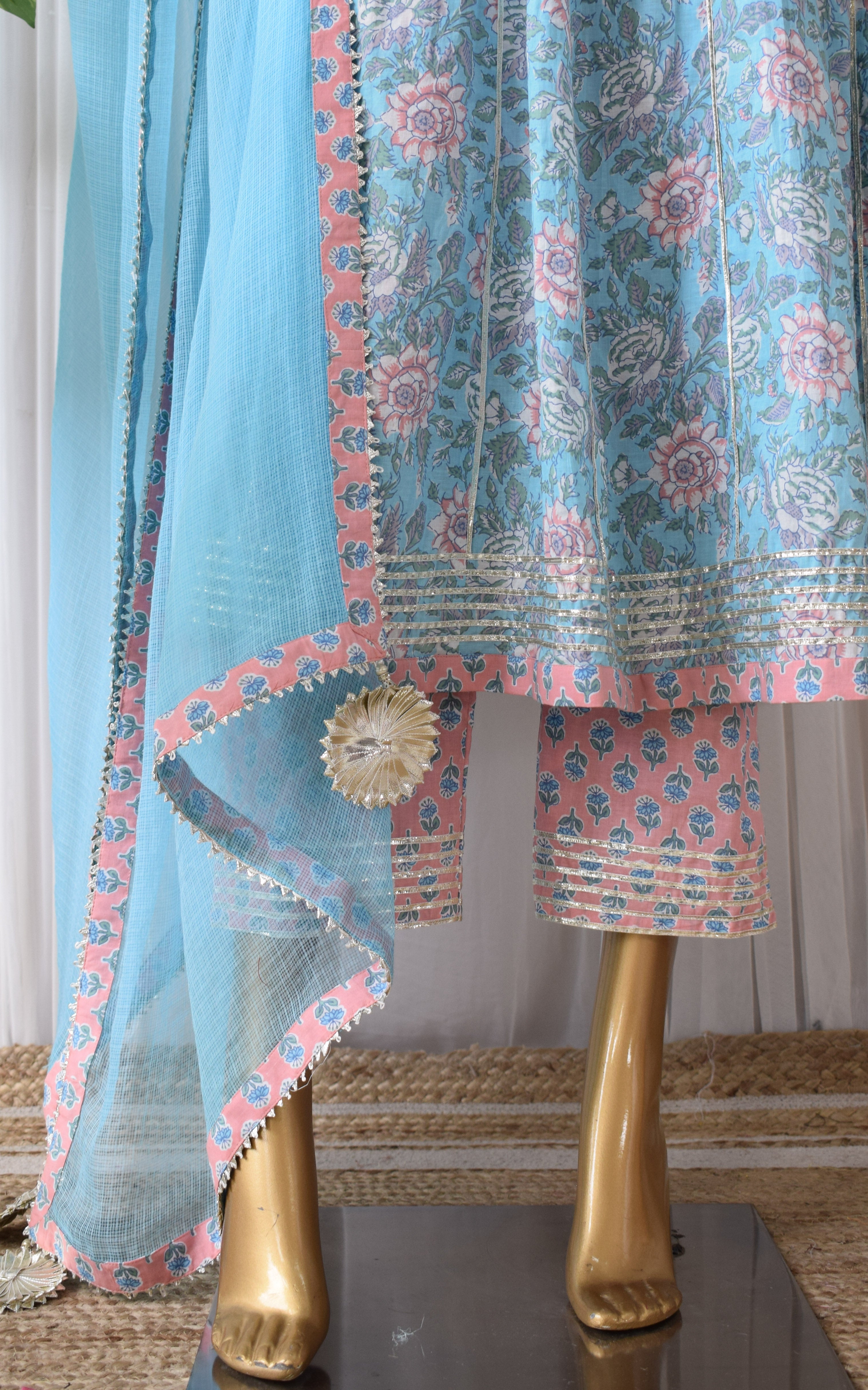 Sky Blue Floral Cotton Anarkali & Pant Set