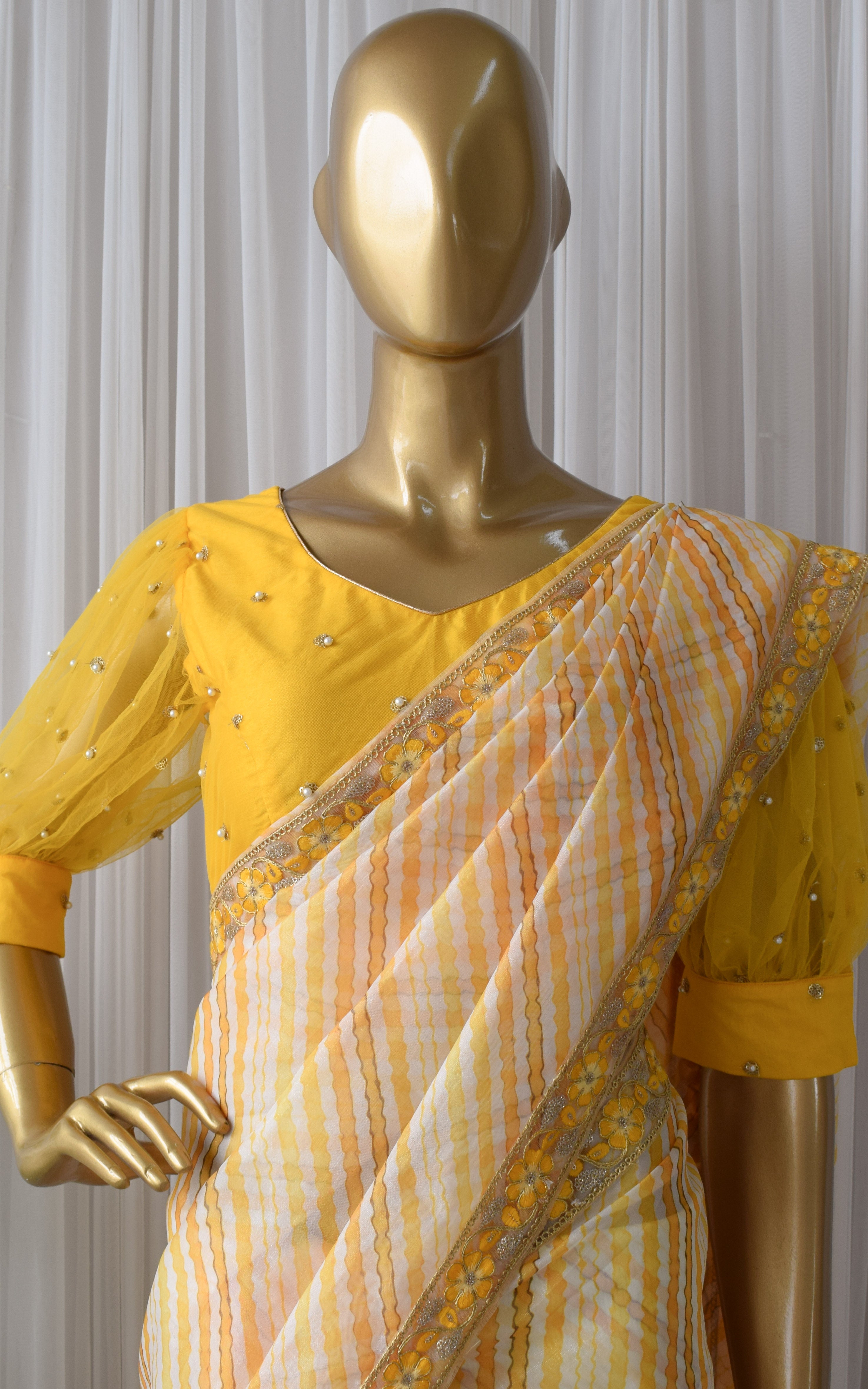 Yellow Organza Leheriya Saree With Pearl Work Blouse