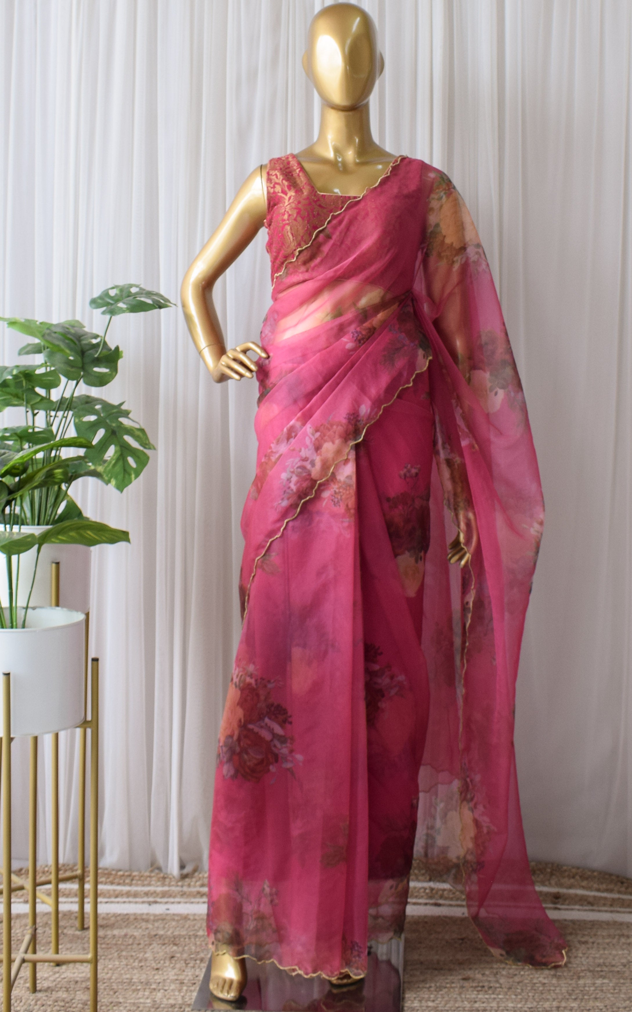 Fuchsia Floral Organza Saree