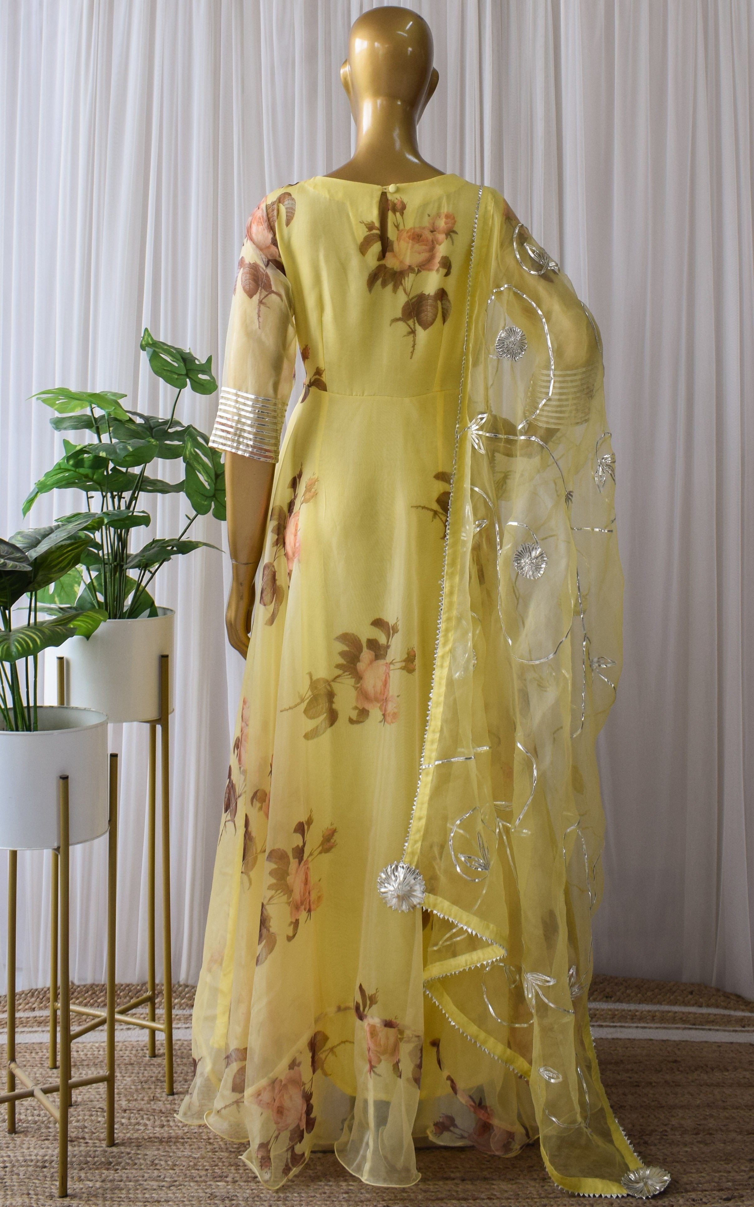 Light Yellow Floral Organza Anarkali with Gota Work