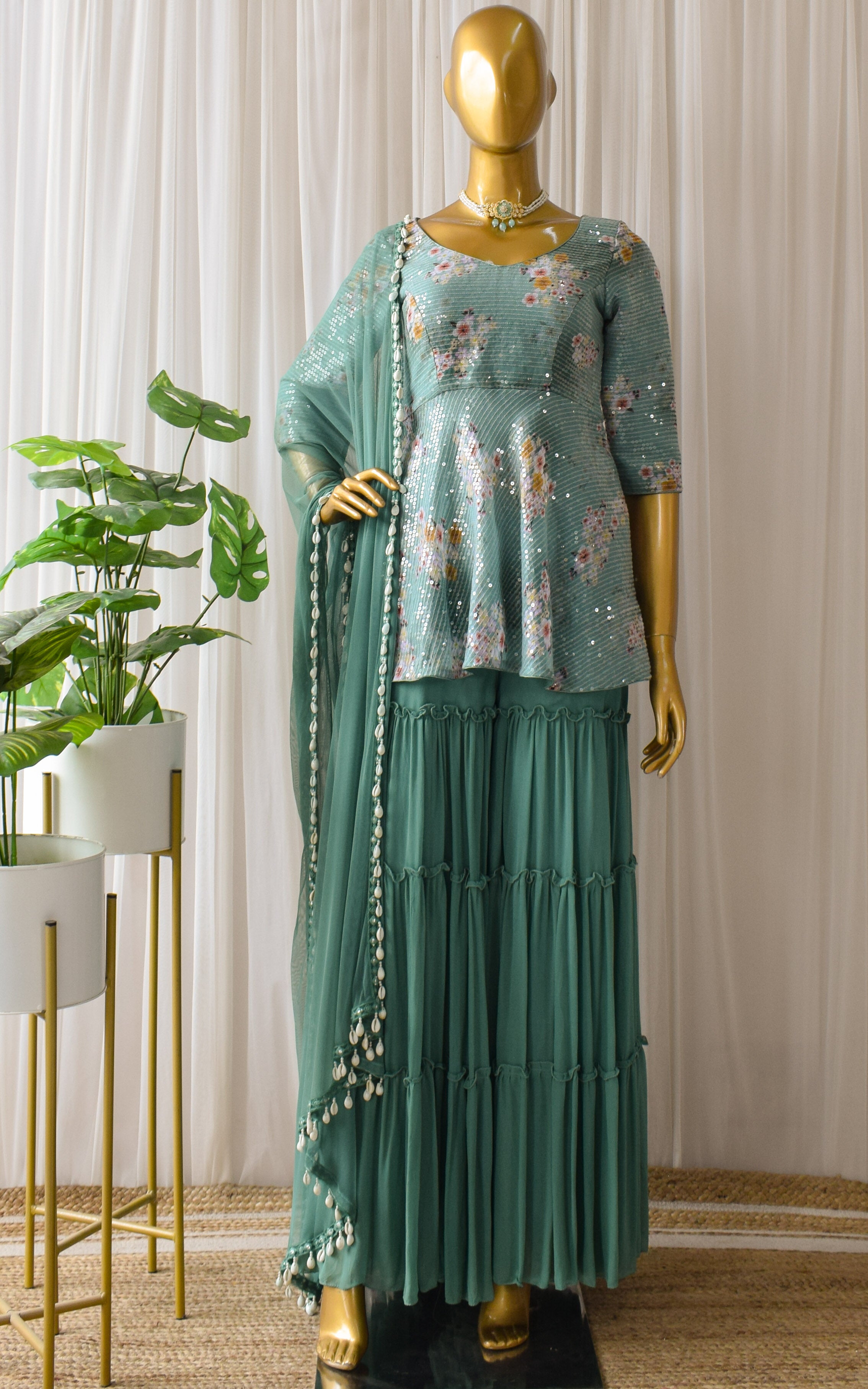 Sage Green Floral Peplum Sharara Set