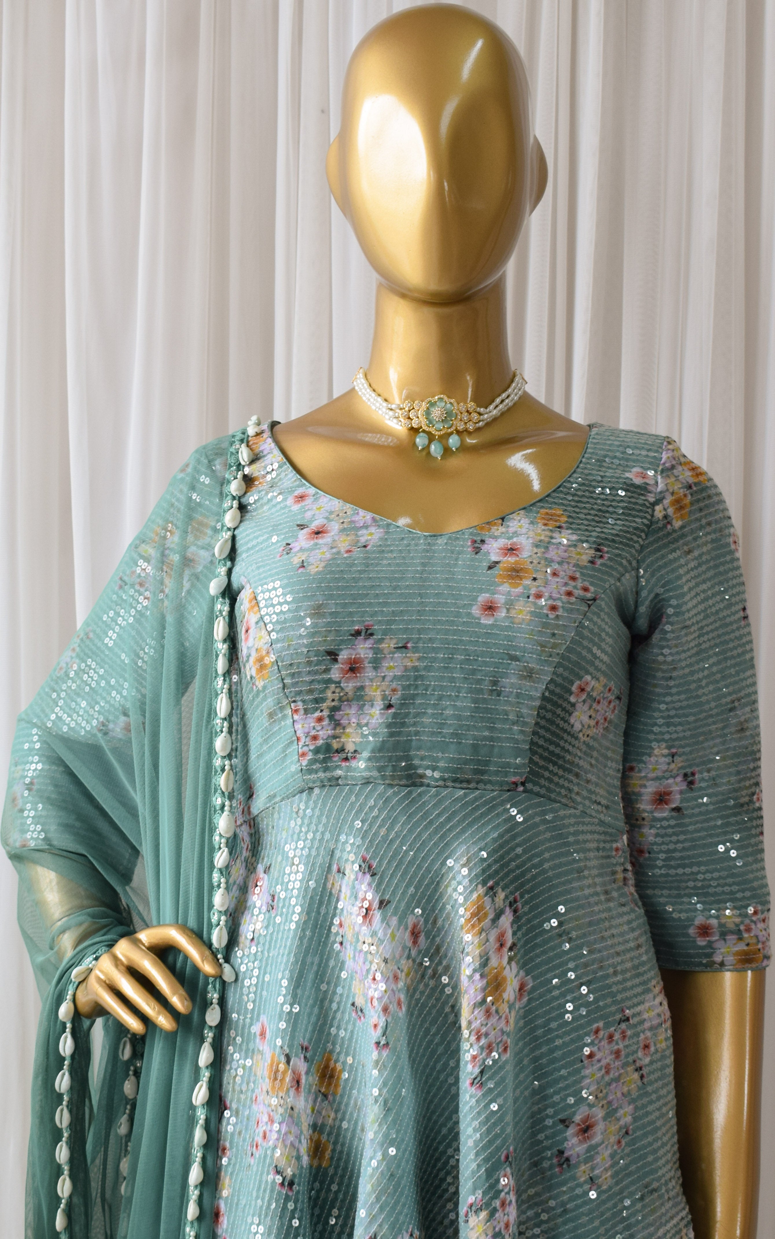 Sage Green Floral Peplum Sharara Set