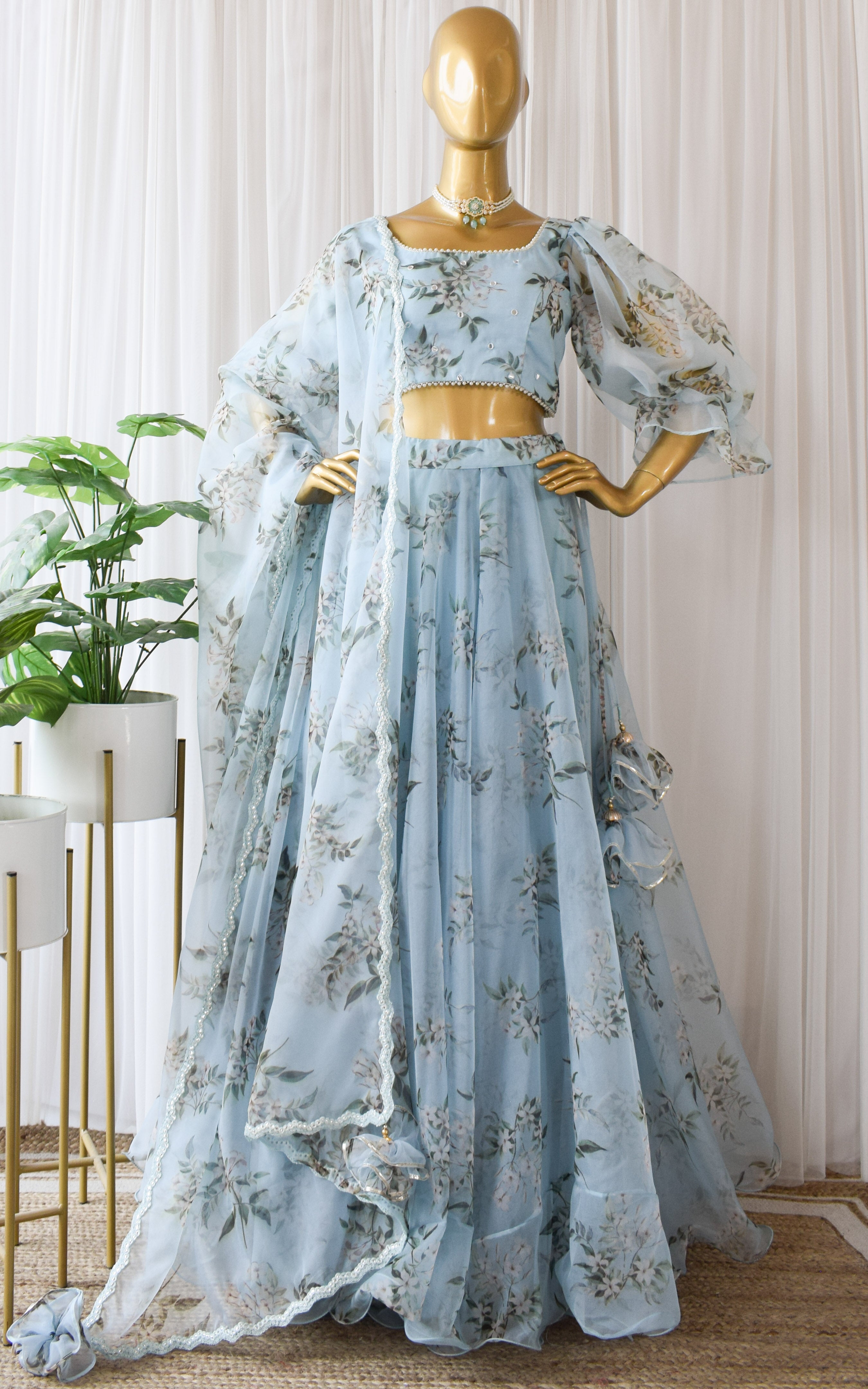 Swati Rathi Powder Blue Floral Mirrorwork Lehenga
