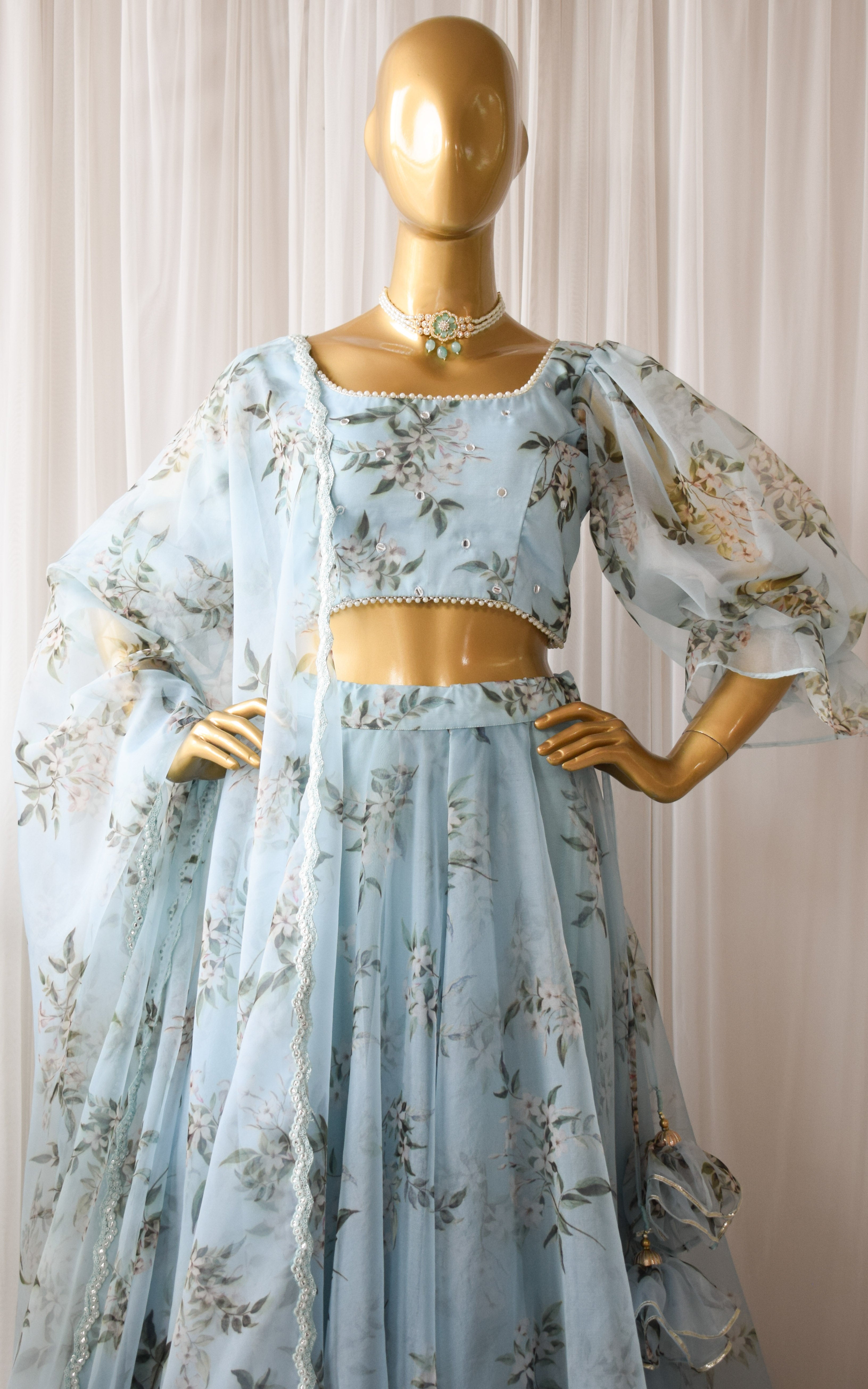 Swati Rathi Powder Blue Floral Mirrorwork Lehenga