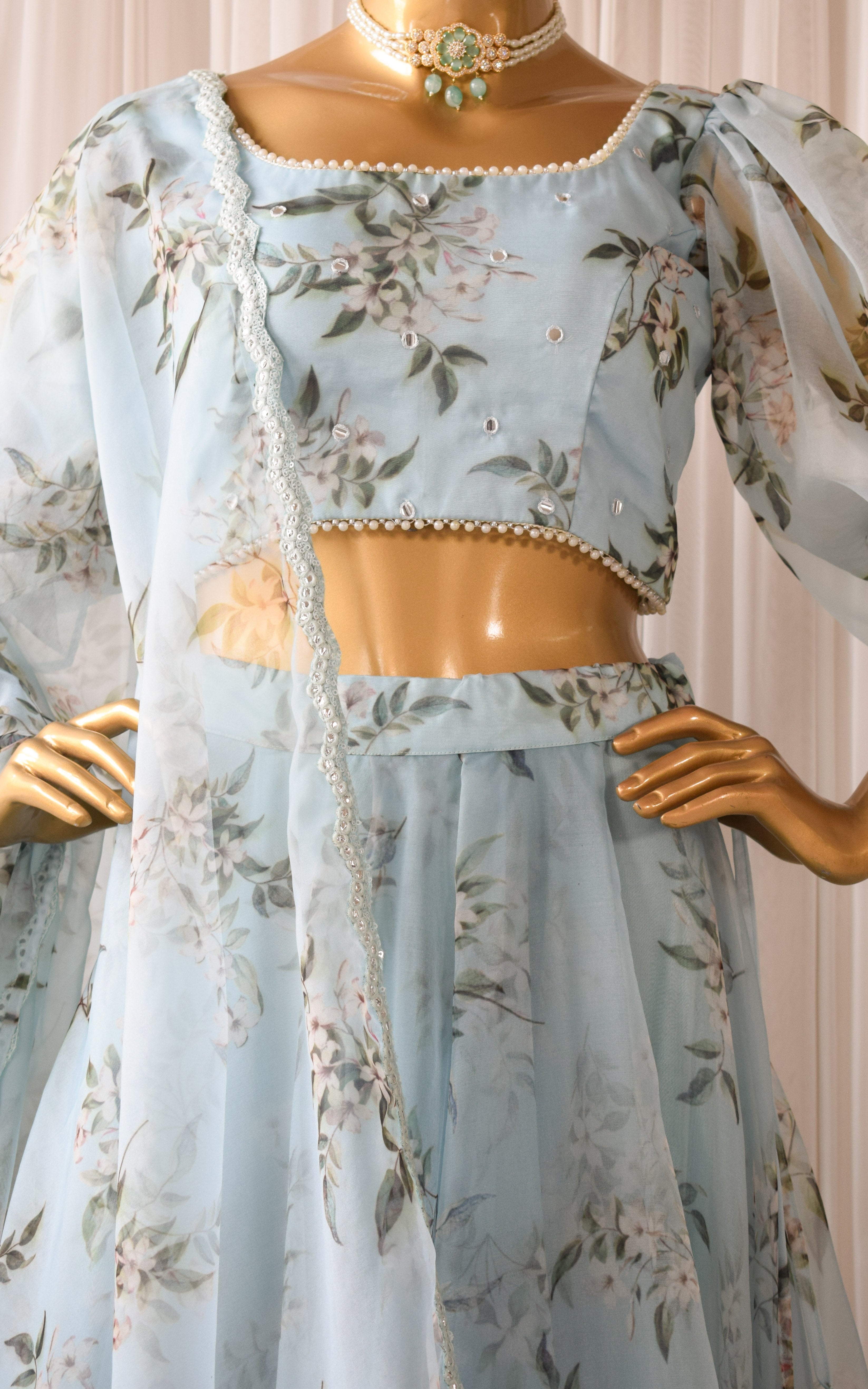 Swati Rathi Powder Blue Floral Mirrorwork Lehenga