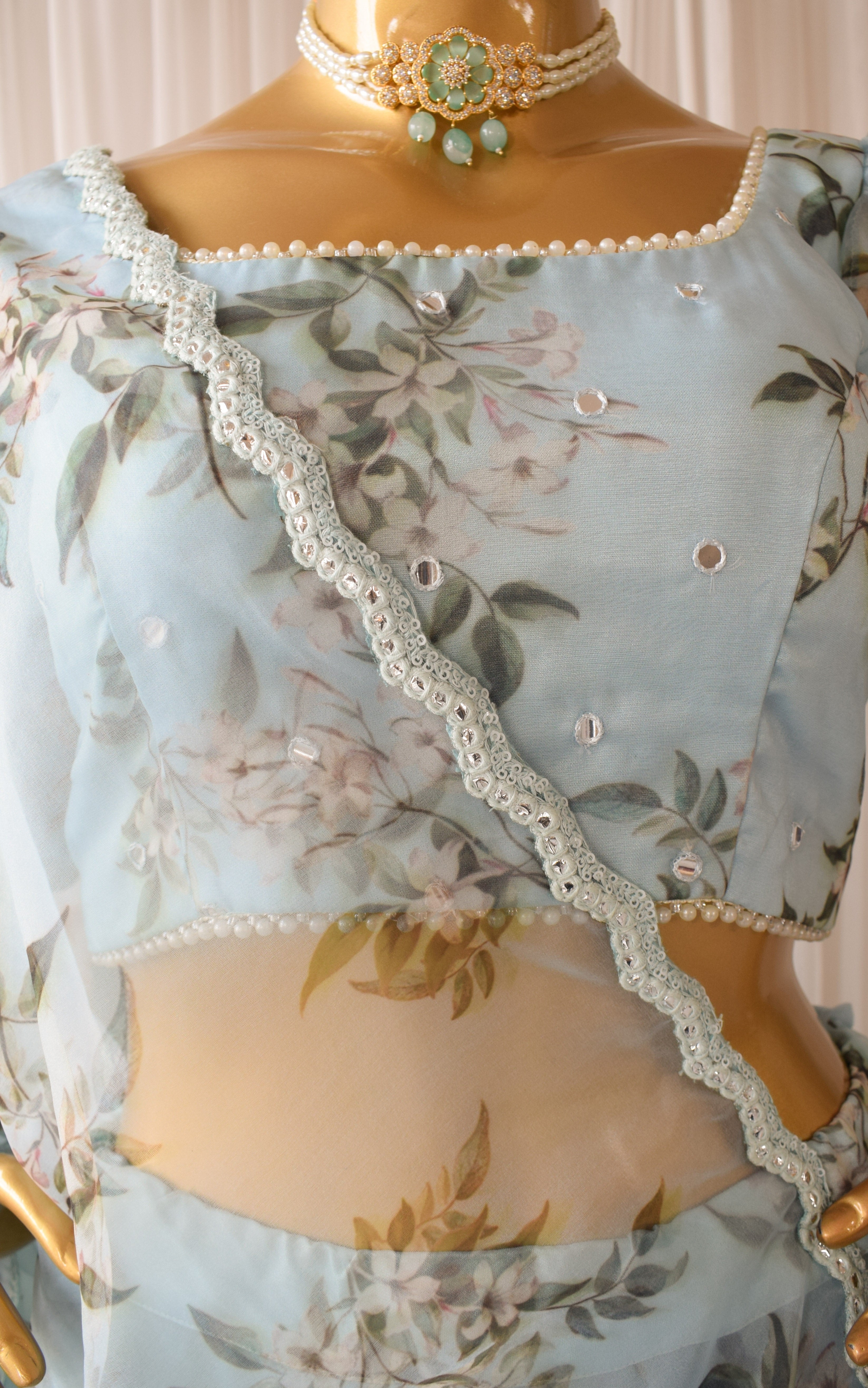 Swati Rathi Powder Blue Floral Mirrorwork Lehenga