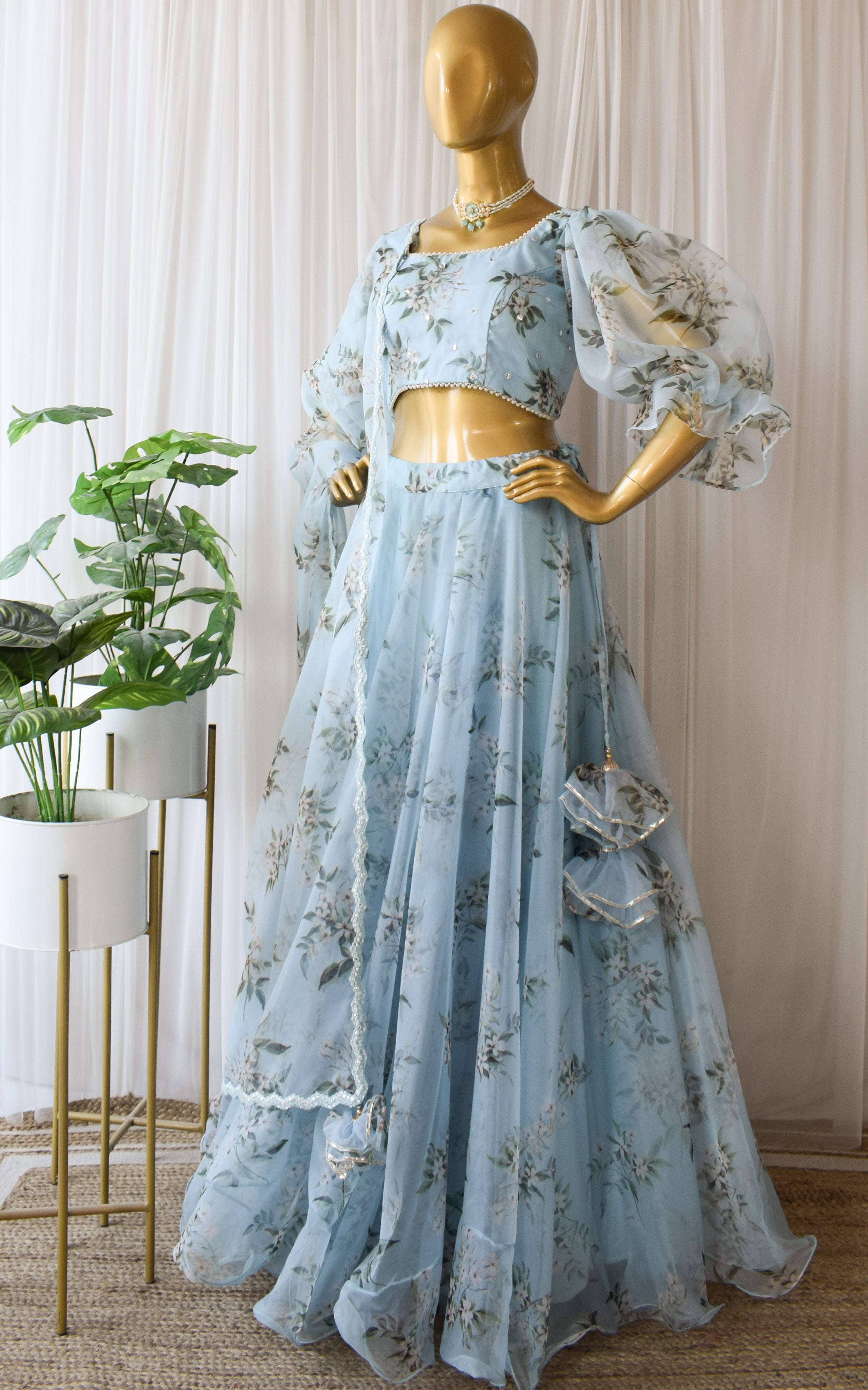 Swati Rathi Powder Blue Floral Mirrorwork Lehenga