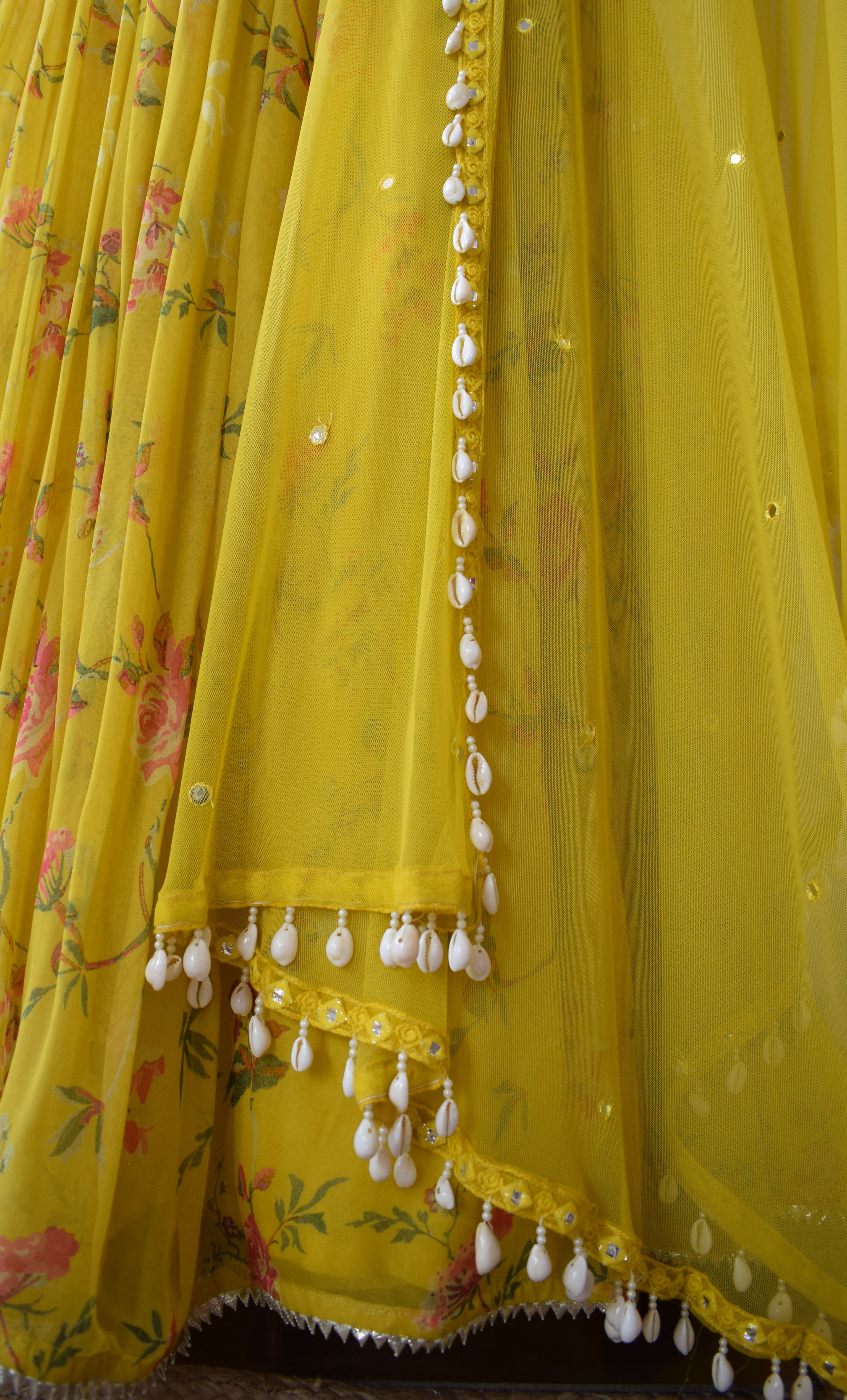 Arti Chauhan Mustard Floral Printed Georgette Mirrorwork Lehenga