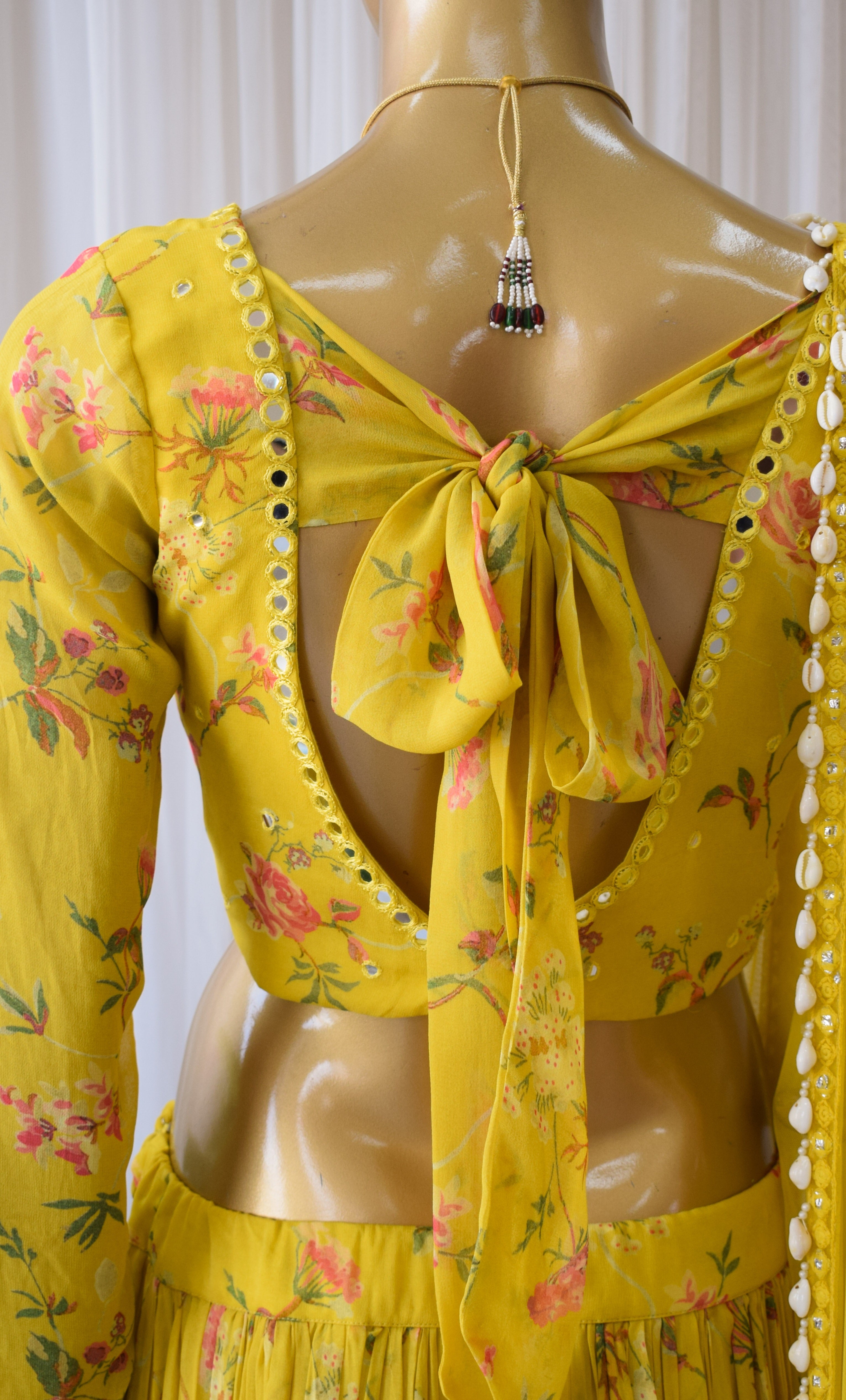 Arti Chauhan Mustard Floral Printed Georgette Mirrorwork Lehenga