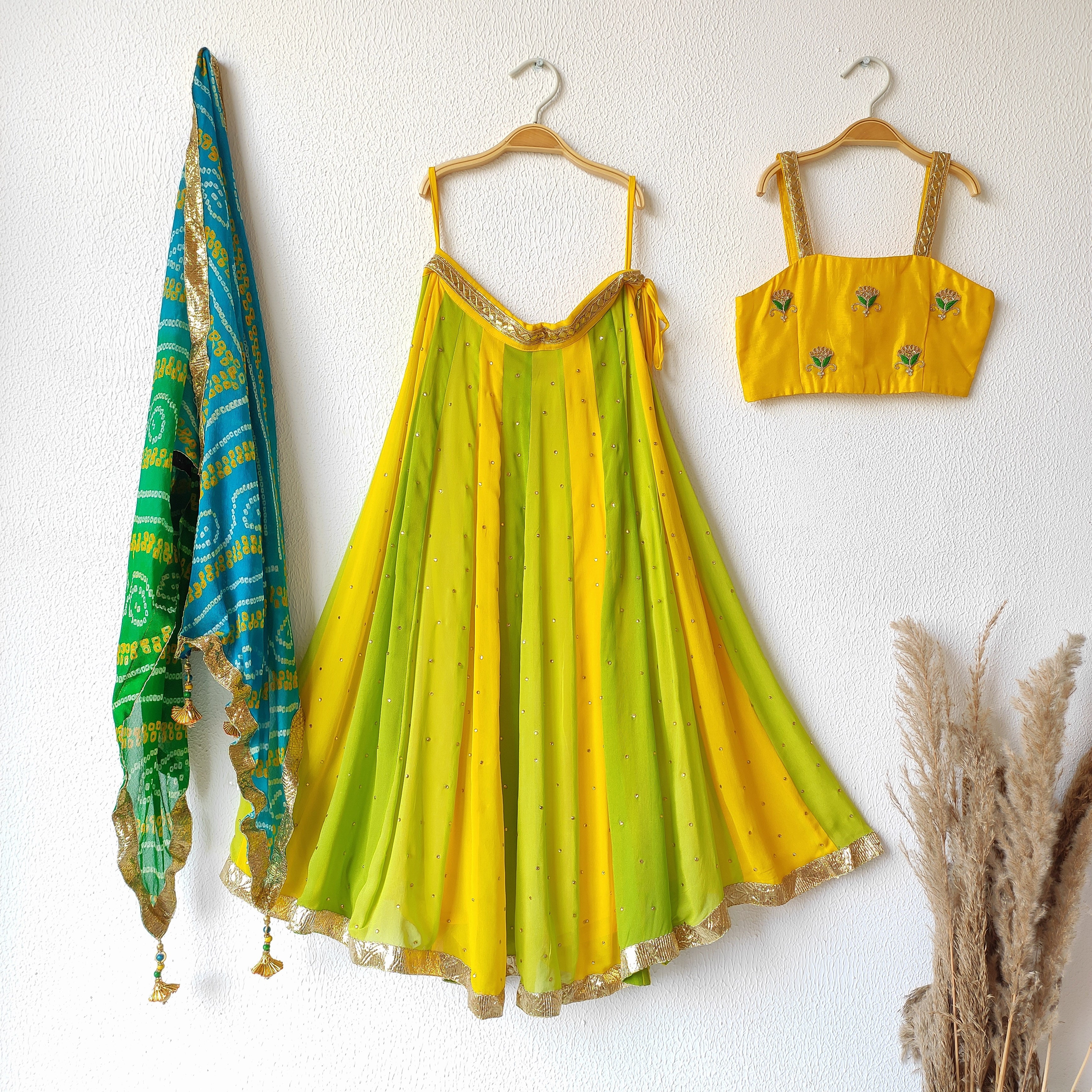 Green Gota Patti Kids Lehenga With Bandhej Dupatta