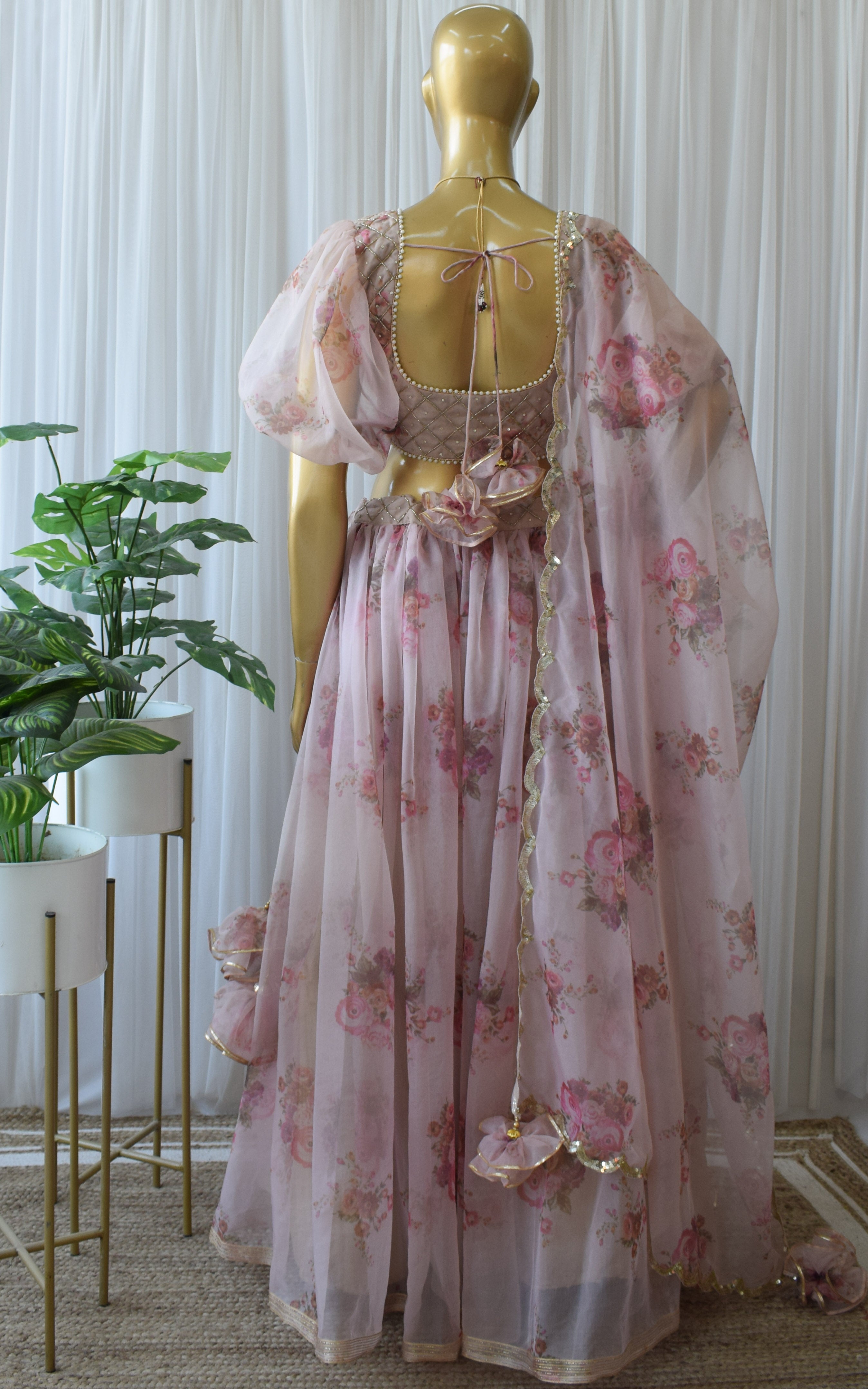 Dusty Pink Floral Sequin Work Organza Lehenga
