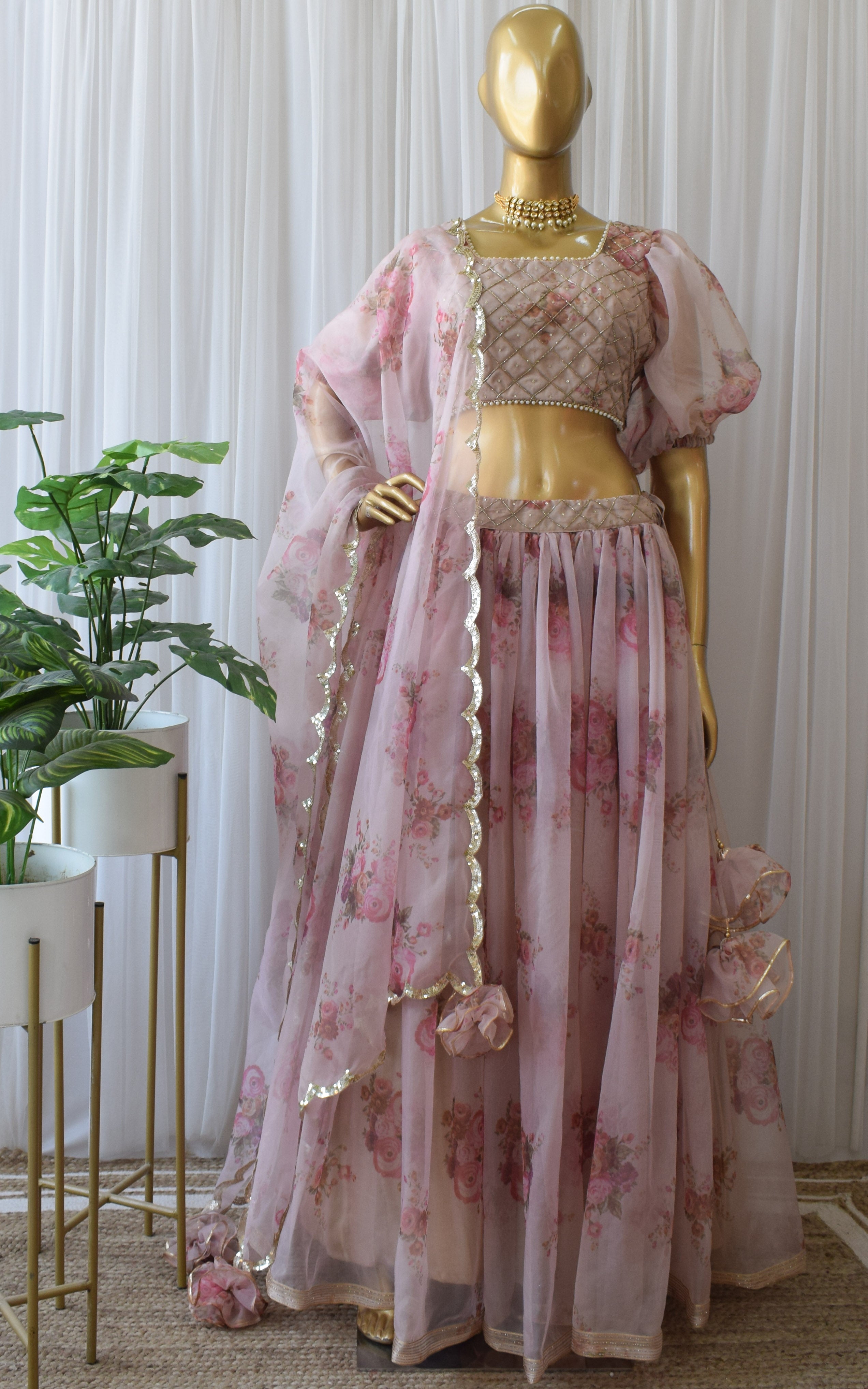 Dusty Pink Floral Sequin Work Organza Lehenga