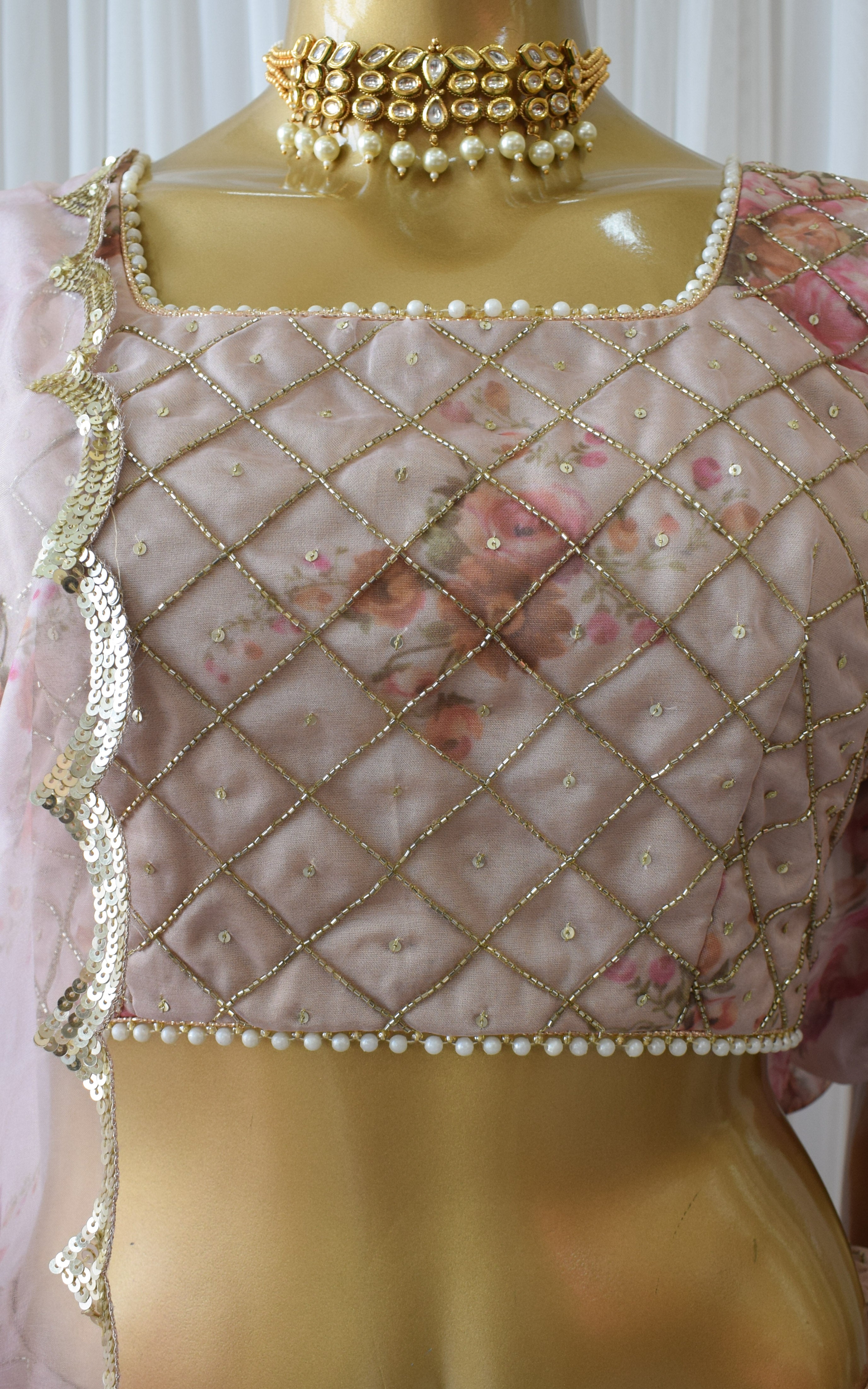 Dusty Pink Floral Sequin Work Organza Lehenga