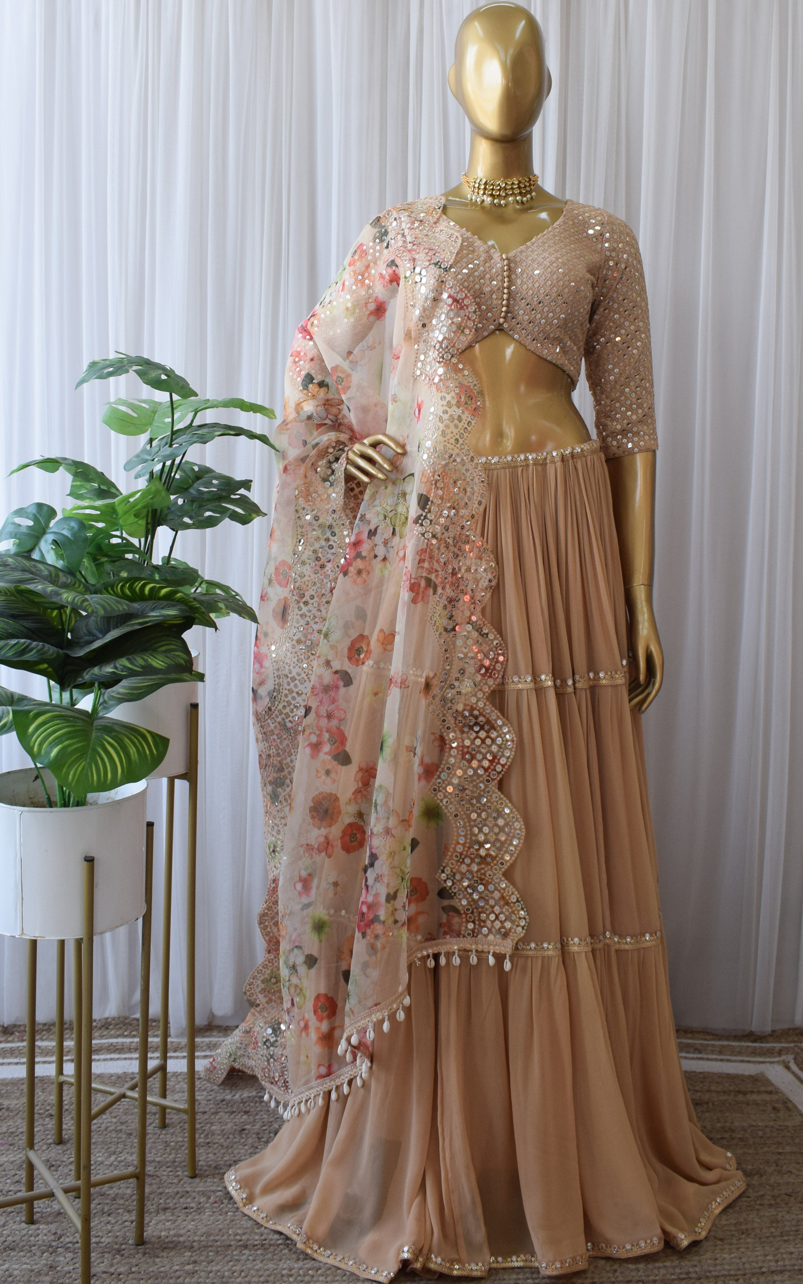 Swati Rathi Champagne Lehenga With Mirrorwork Organza Dupatta