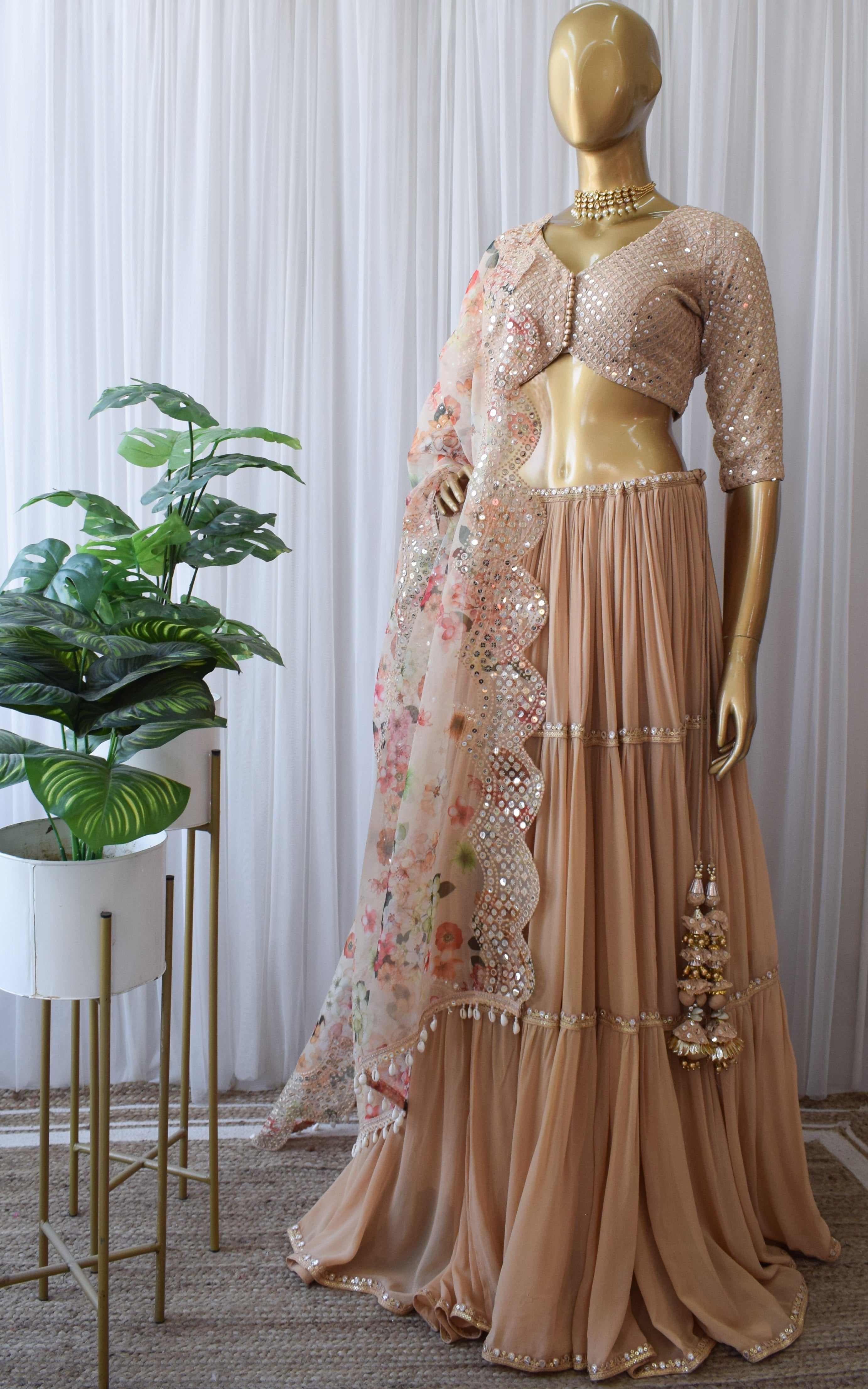 Swati Rathi Champagne Lehenga With Mirrorwork Organza Dupatta
