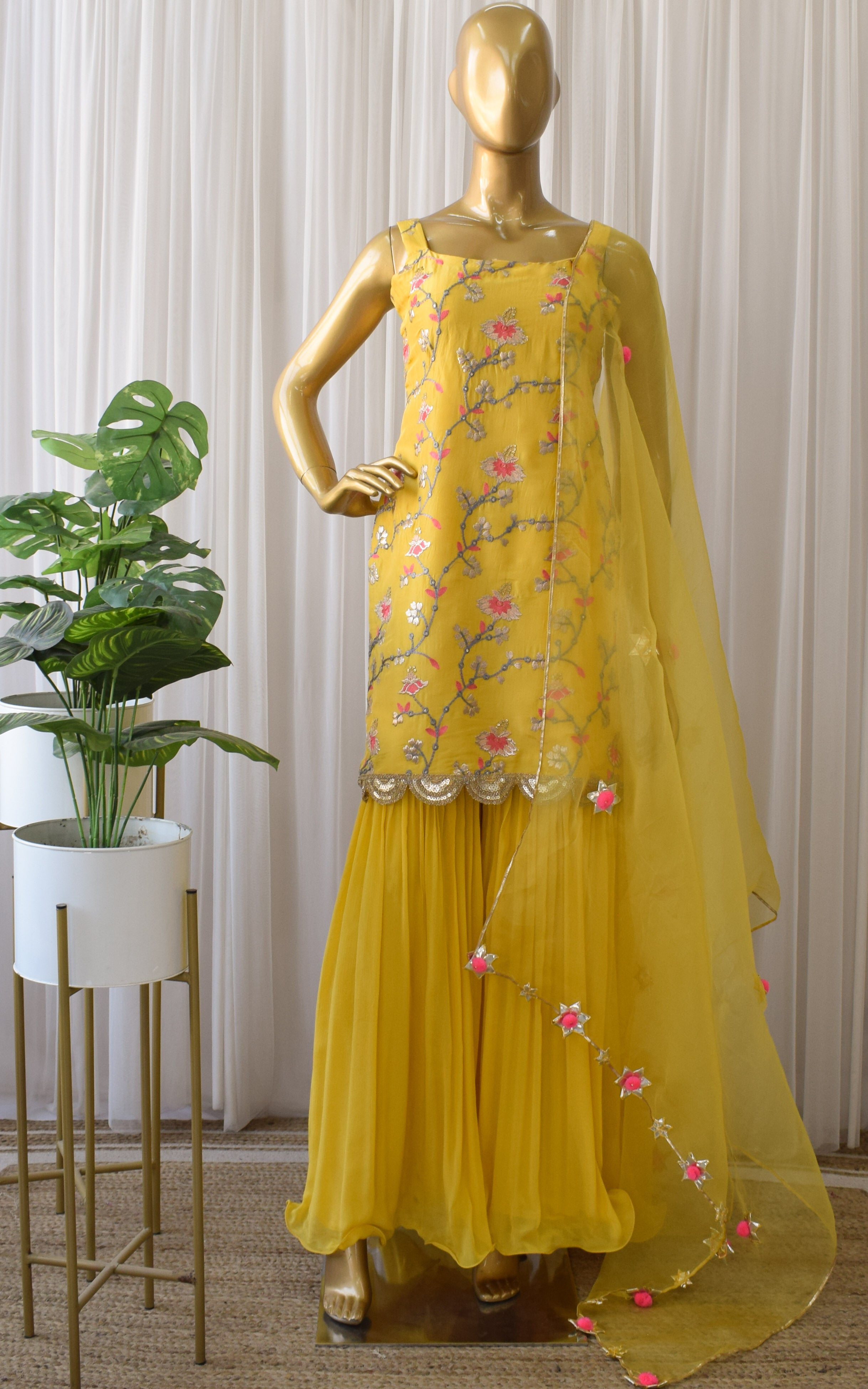 Pooja Banerjee Yellow Embroidered Sharara Set