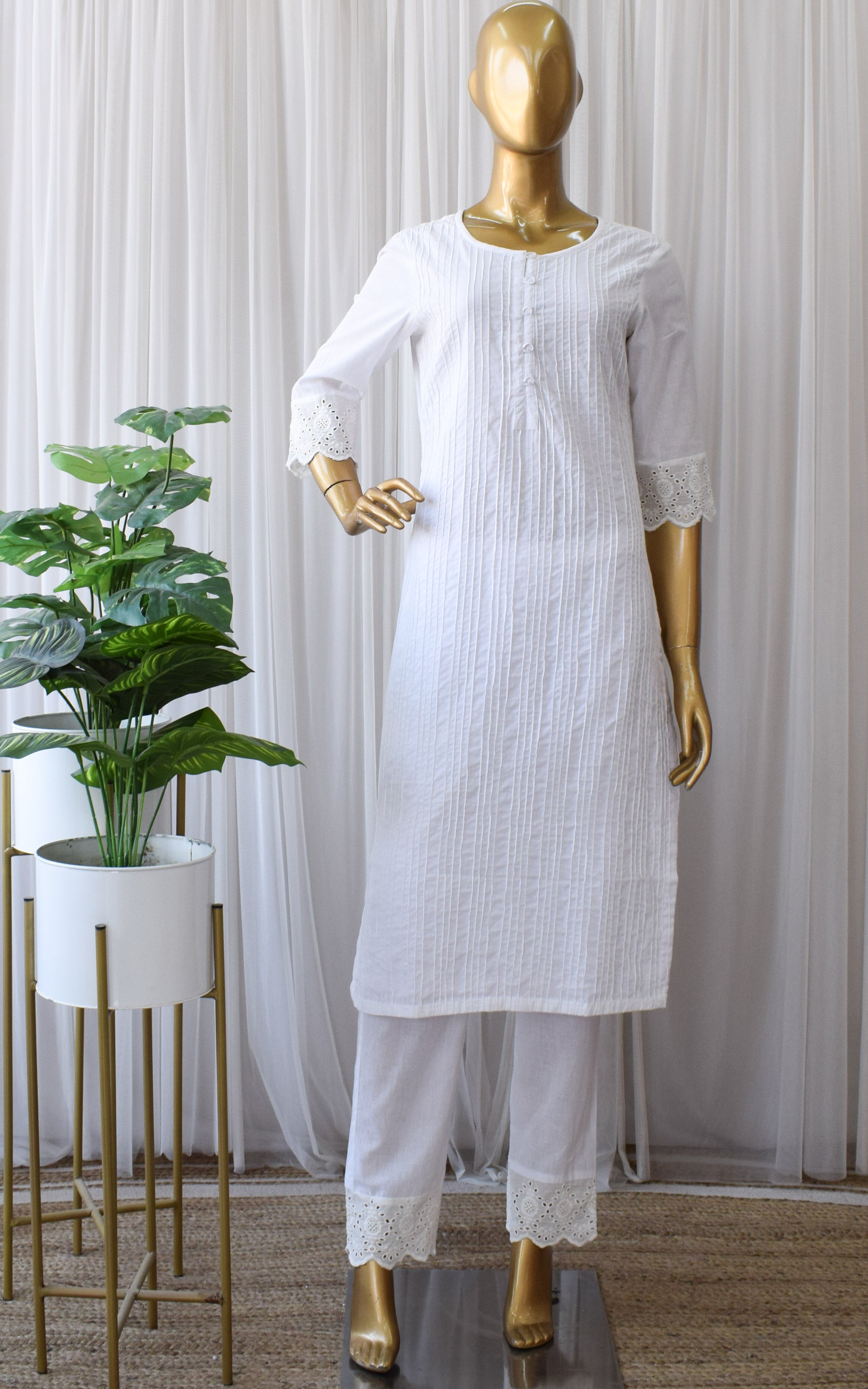 White Cotton Pintucks Kurta and Pant Set