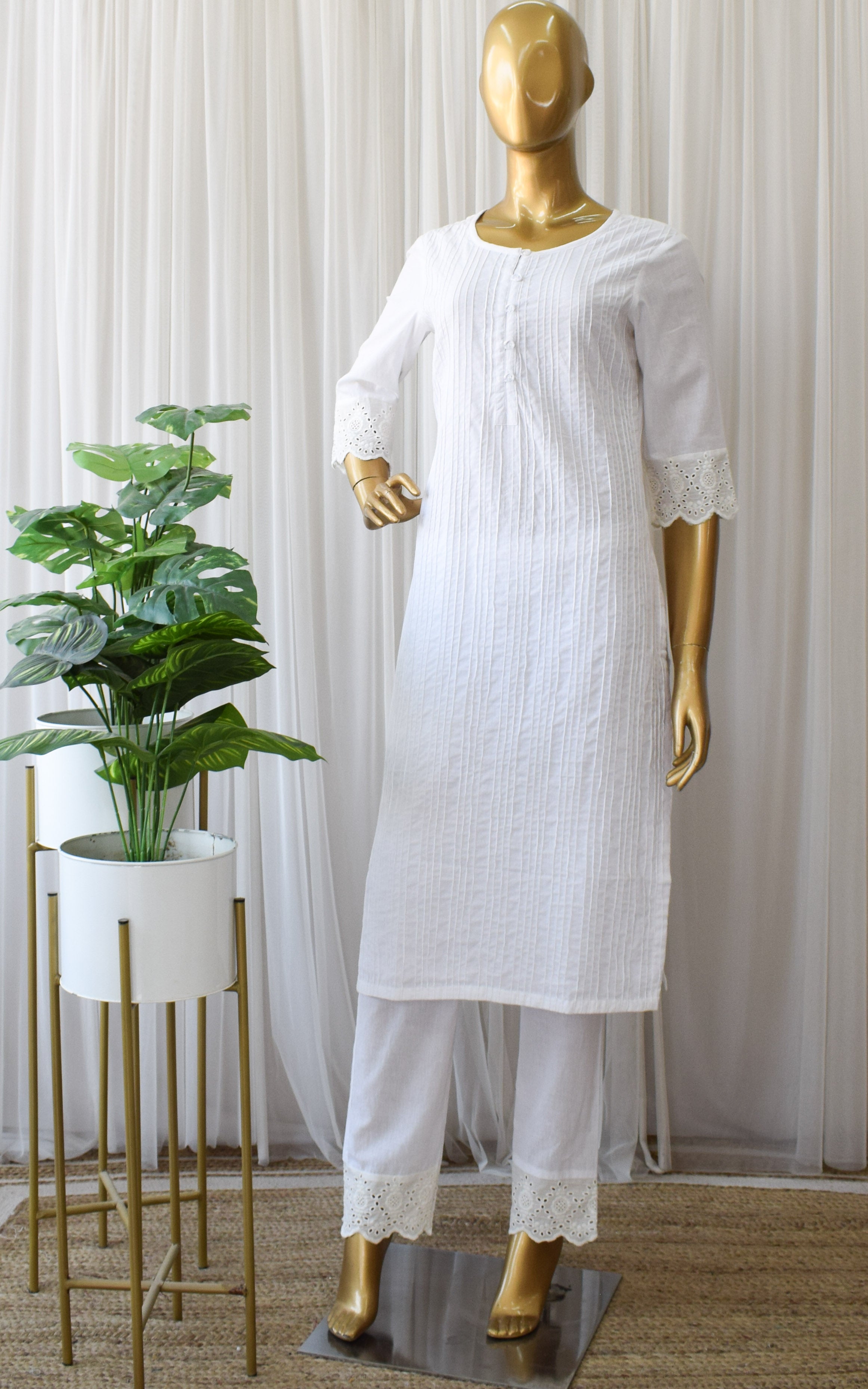 White Cotton Pintucks Kurta and Pant Set