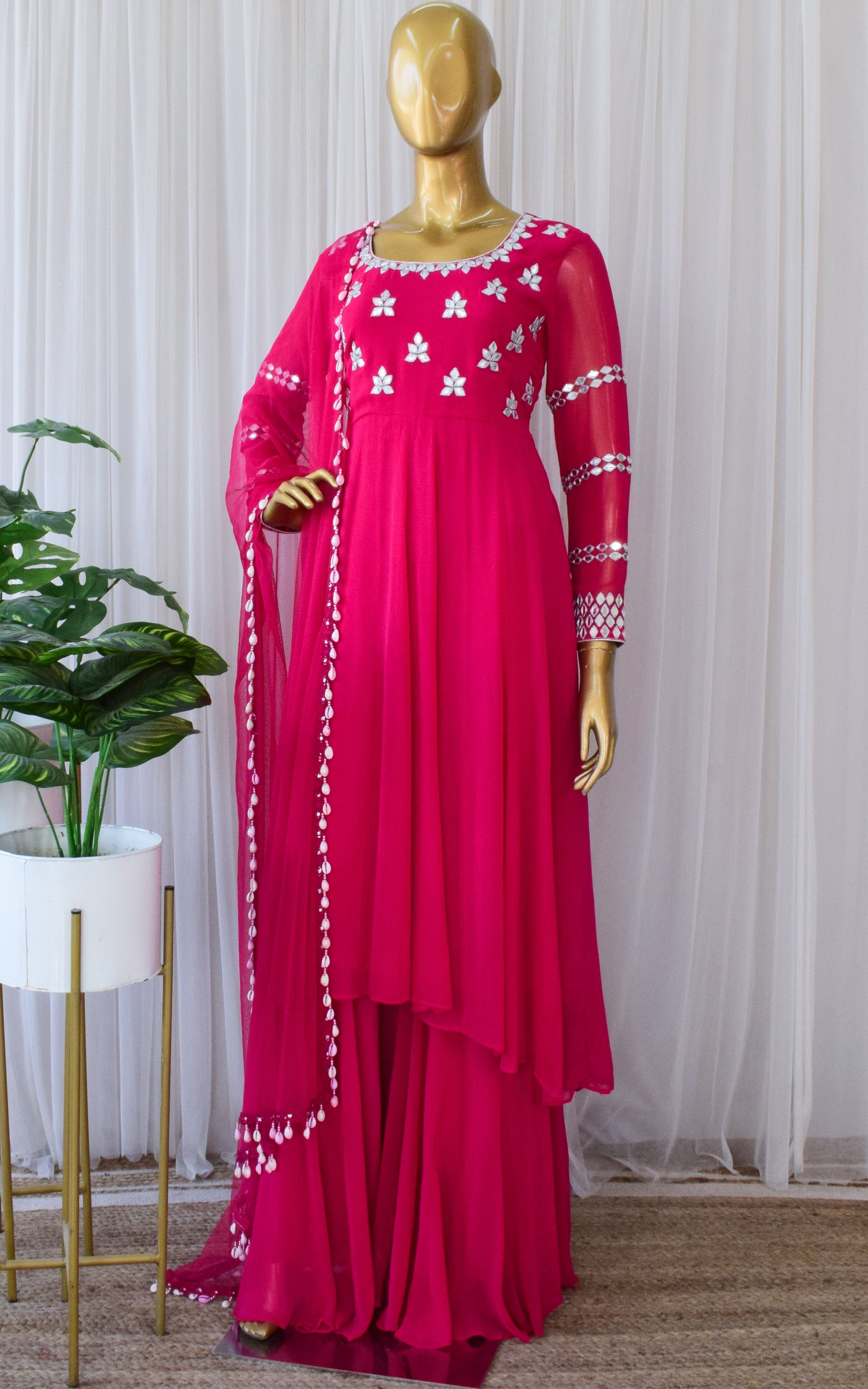 Pink Mirrorwork Anarkali Sharara Set