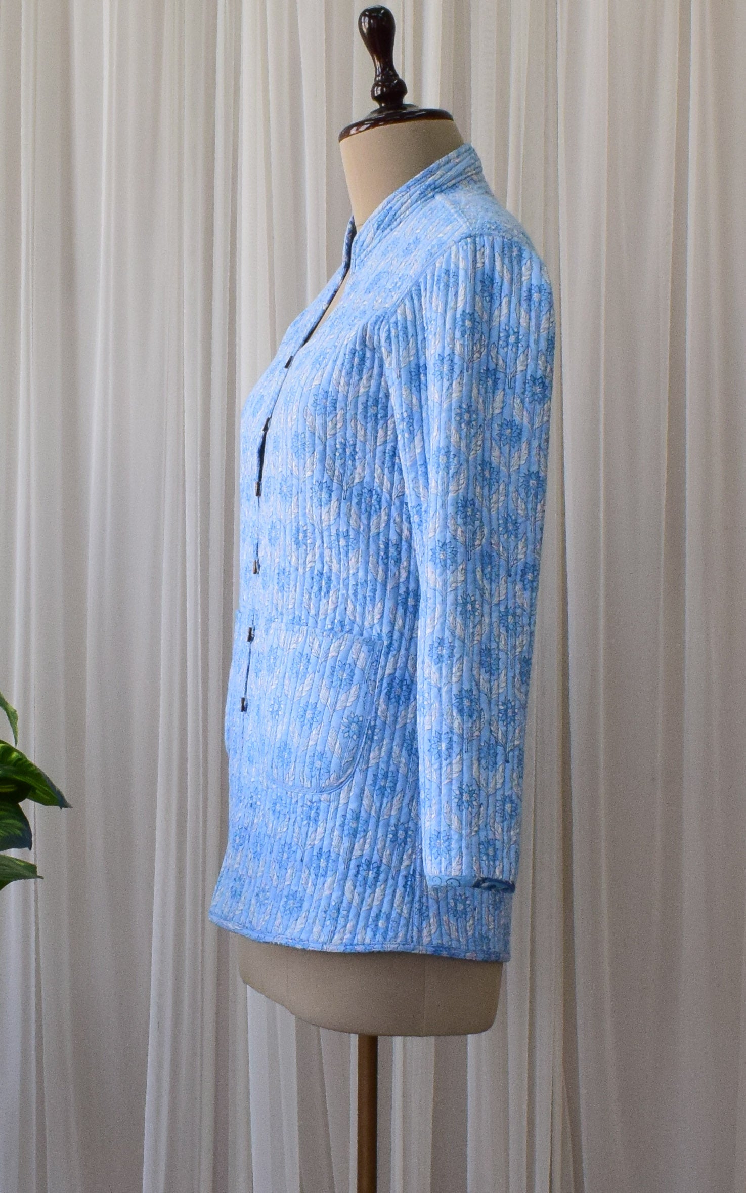 Light Blue-Sky Blue Lotus Block Print Reversible Quilted Jacket