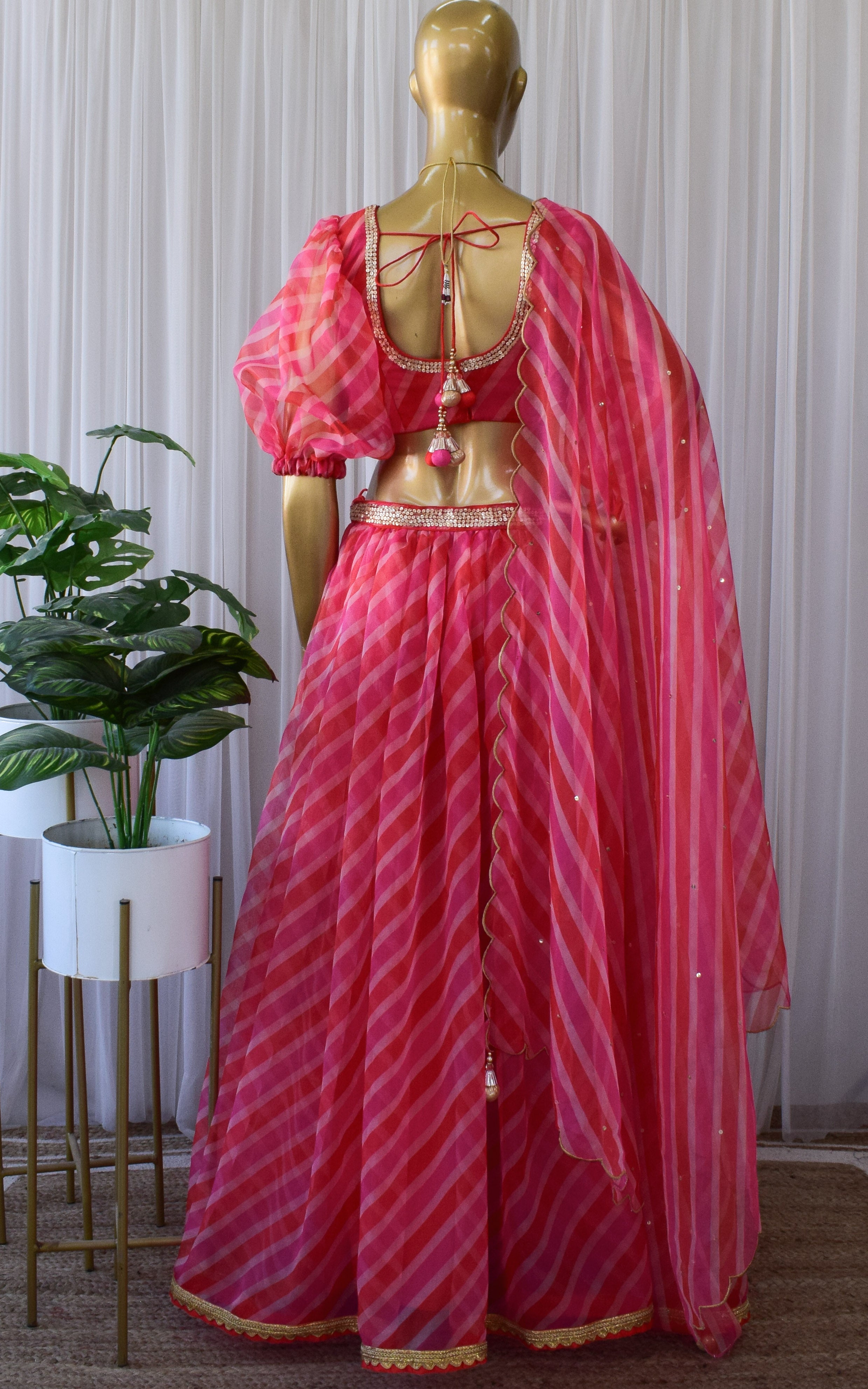 Neha Dharma Red Pink Leheriya Organza Sequinwork Lehenga