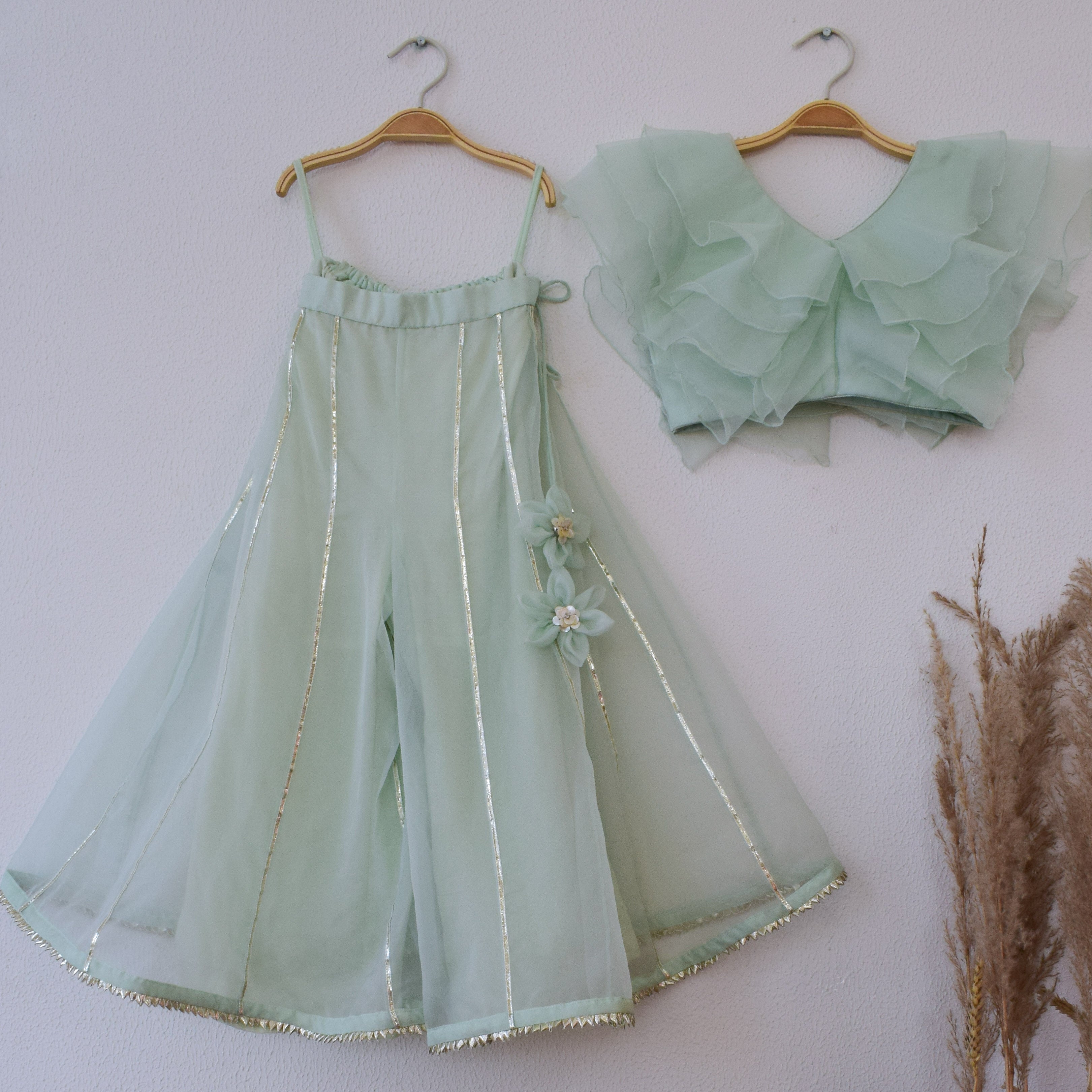 Mint Green Ruffle Organza Kids Crop-Top & Sharara