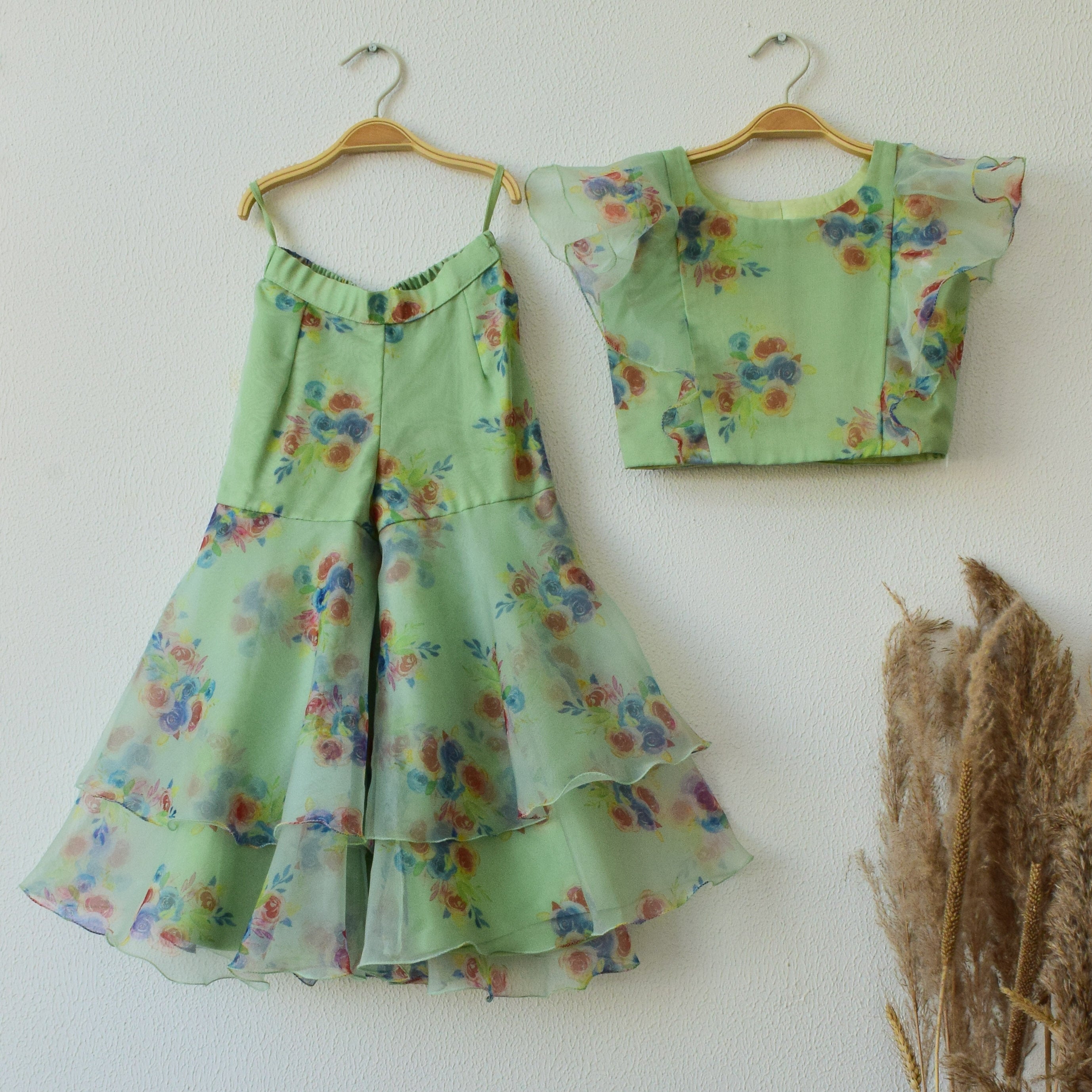 Mint Green Floral Organza Crop-Top Kids Sharara Set