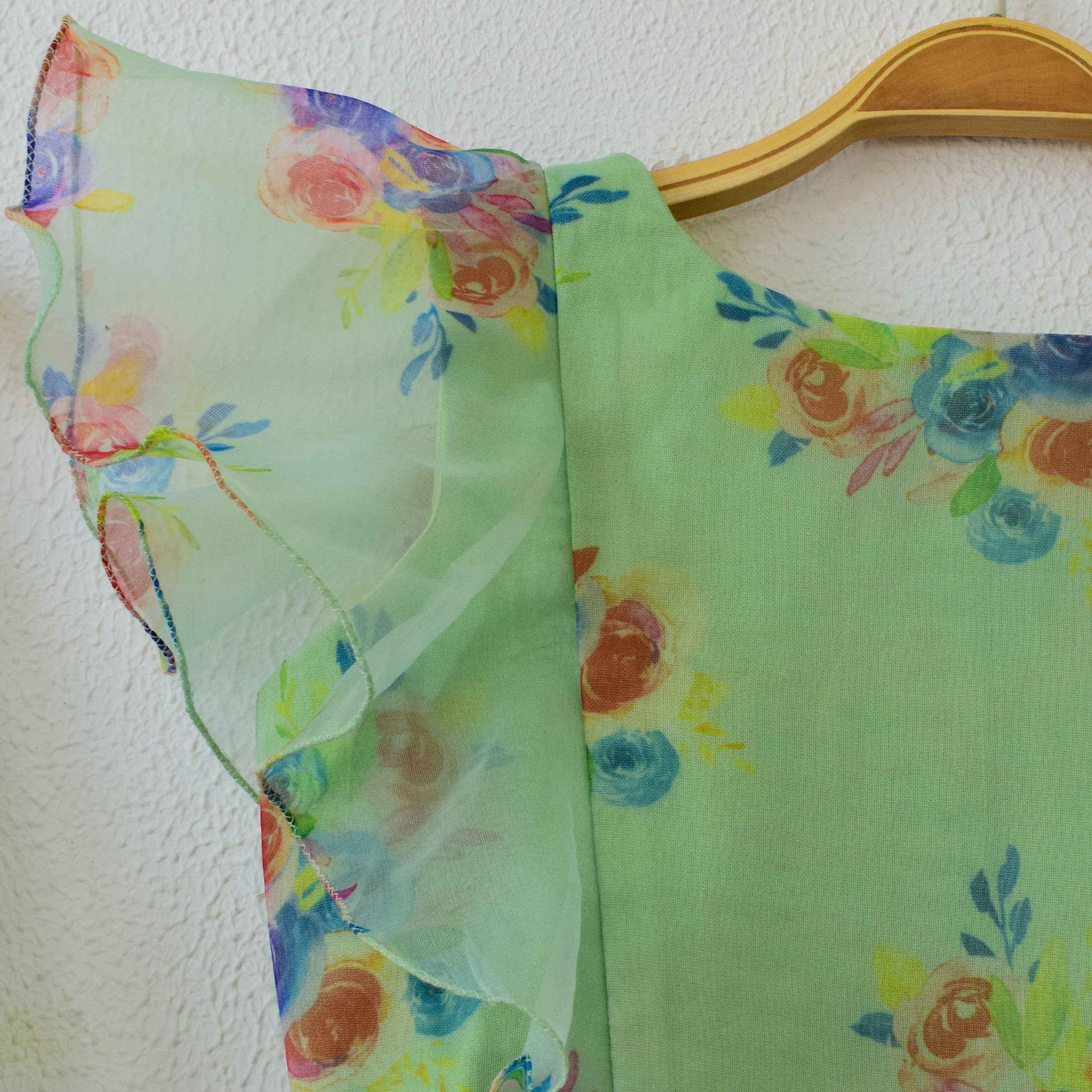 Mint Green Floral Organza Crop-Top Kids Sharara Set