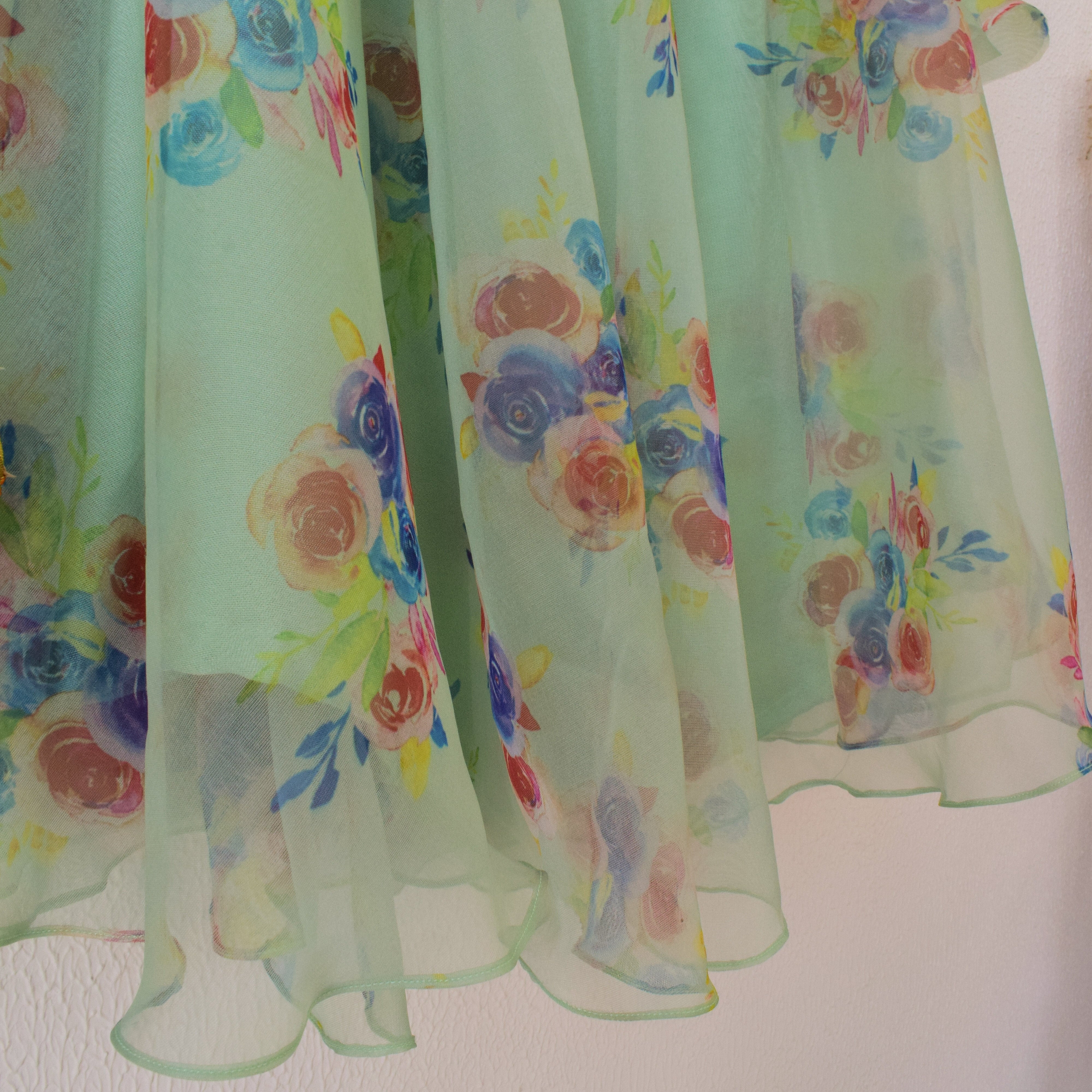 Mint Green Floral Organza One-Shoulder Kids Blouse and Lehenga Set
