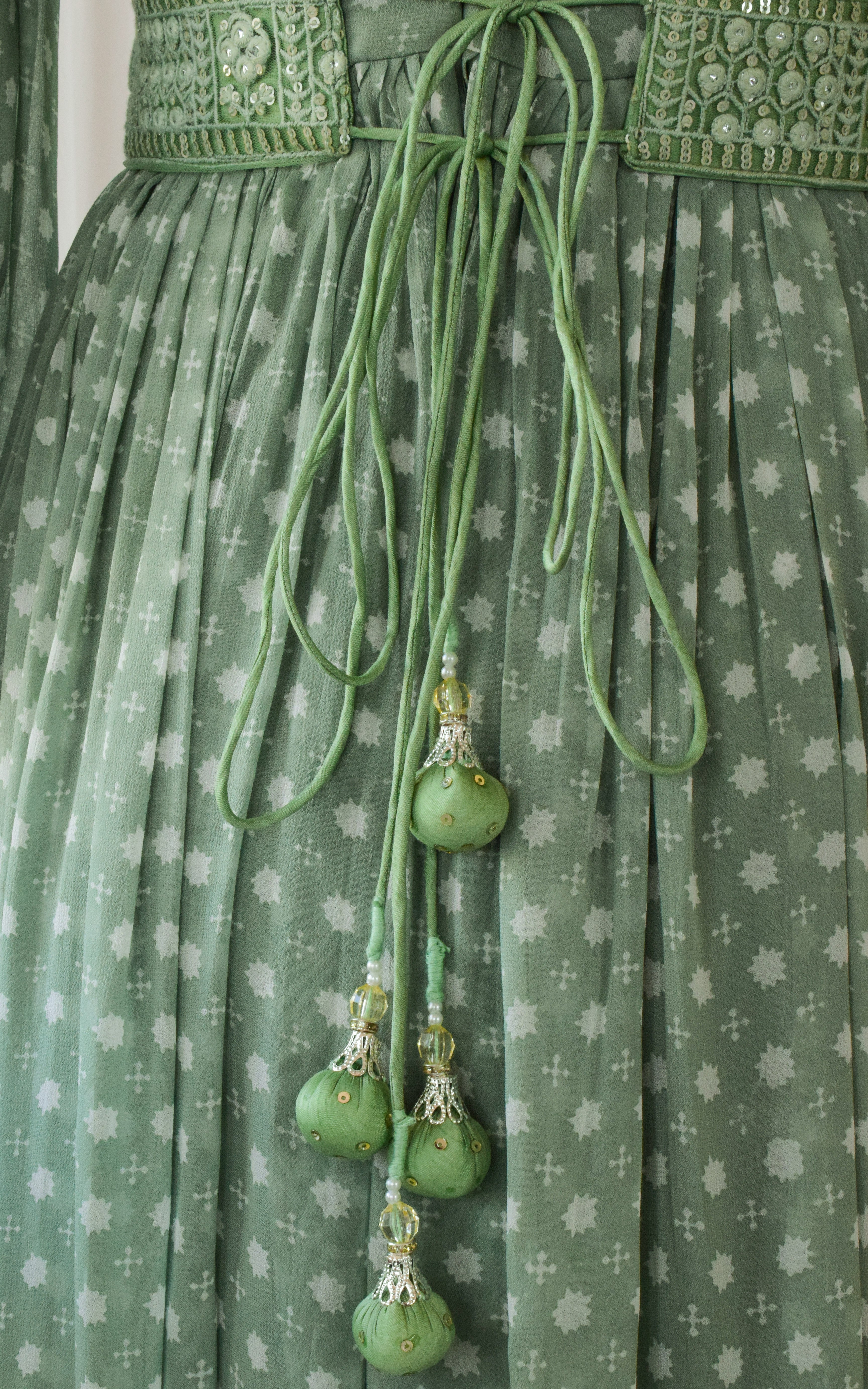 Sage Green Mirrorwork Printed Georgette Jumpsuit