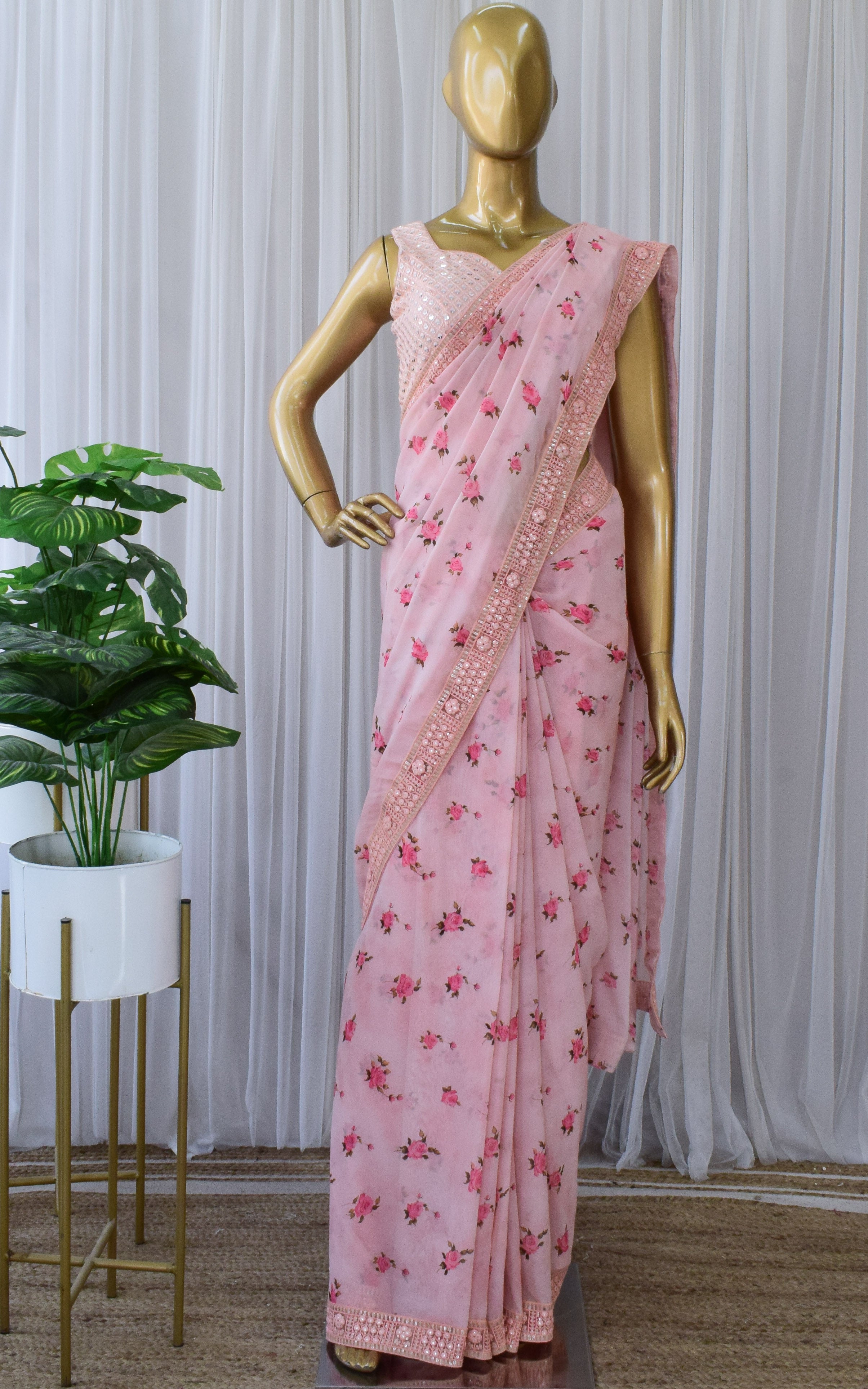 Light Pink Printed Georgette Saree