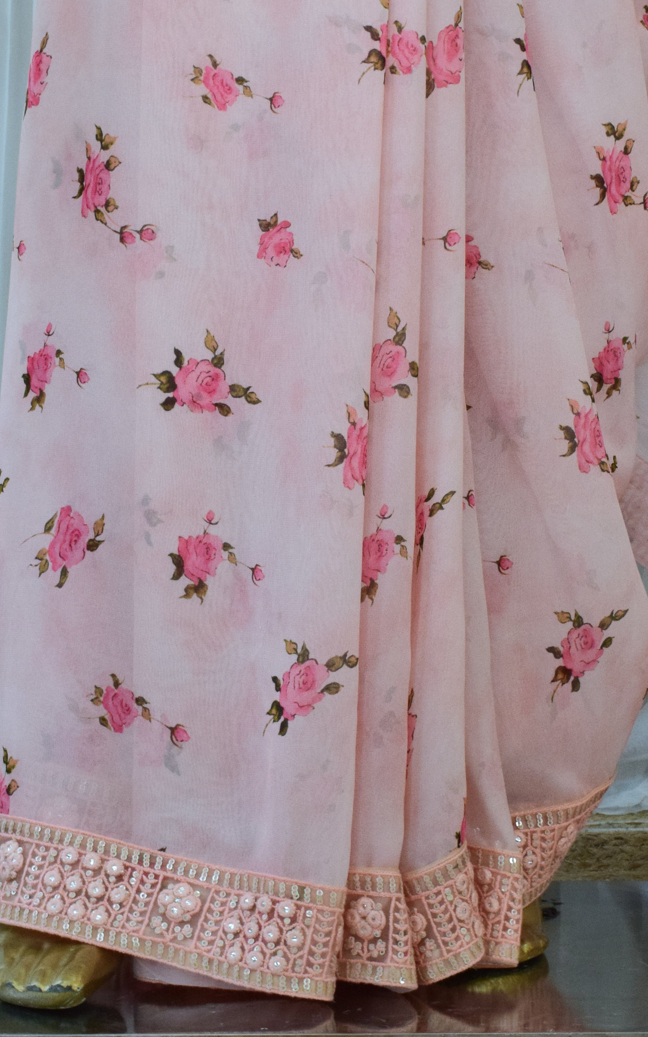 Light Pink Printed Georgette Saree