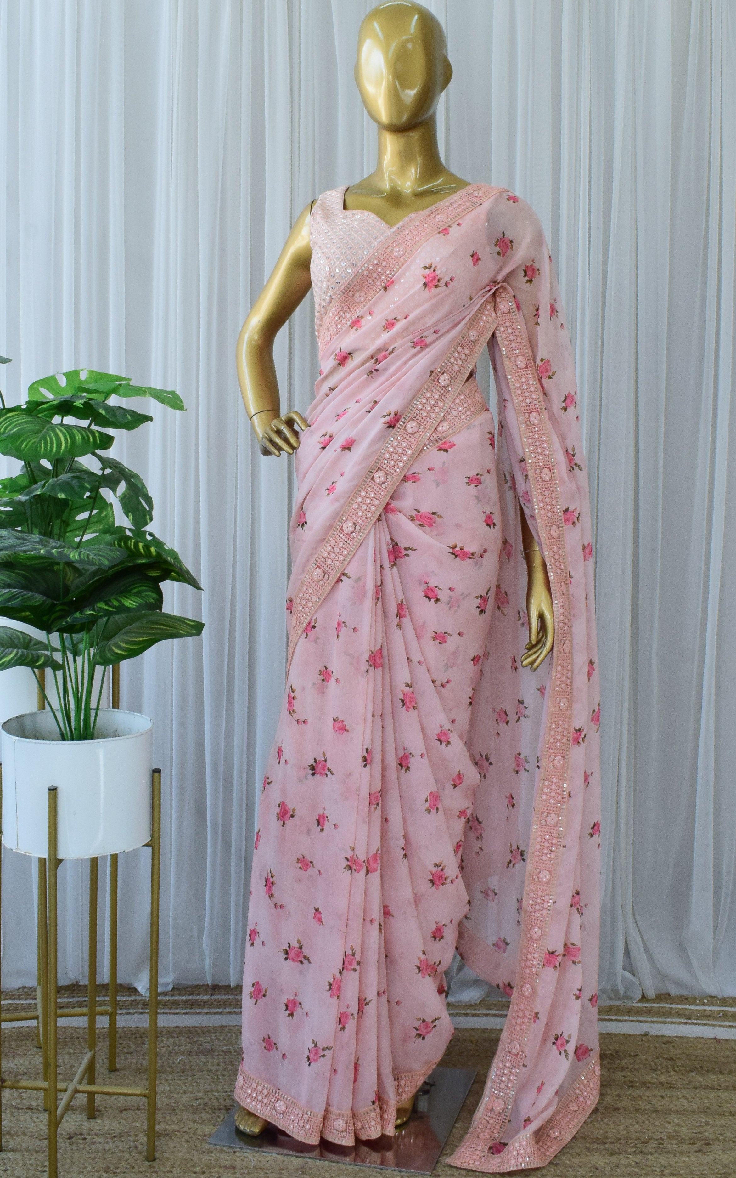Light Pink Printed Georgette Saree