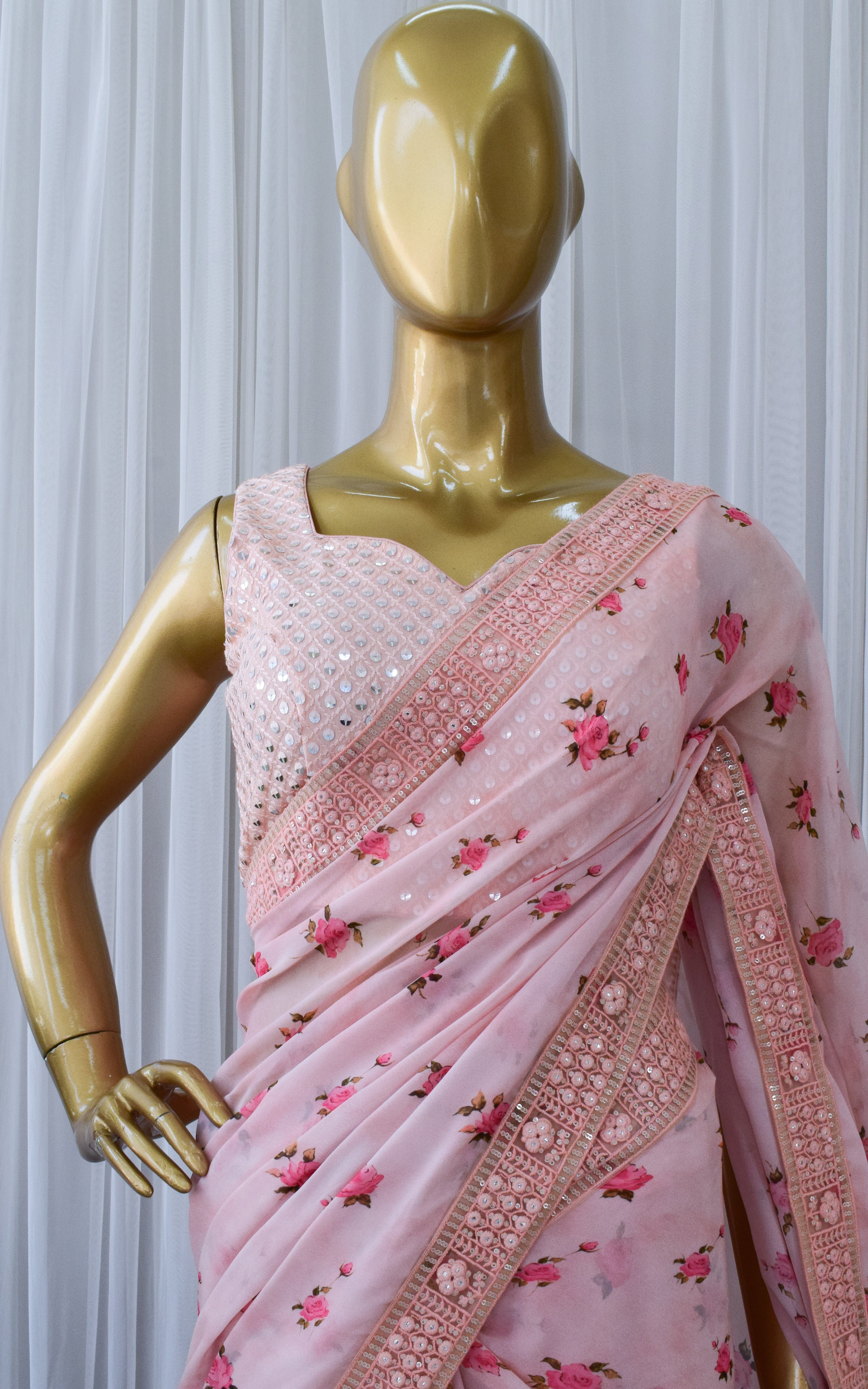 Light Pink Printed Georgette Saree
