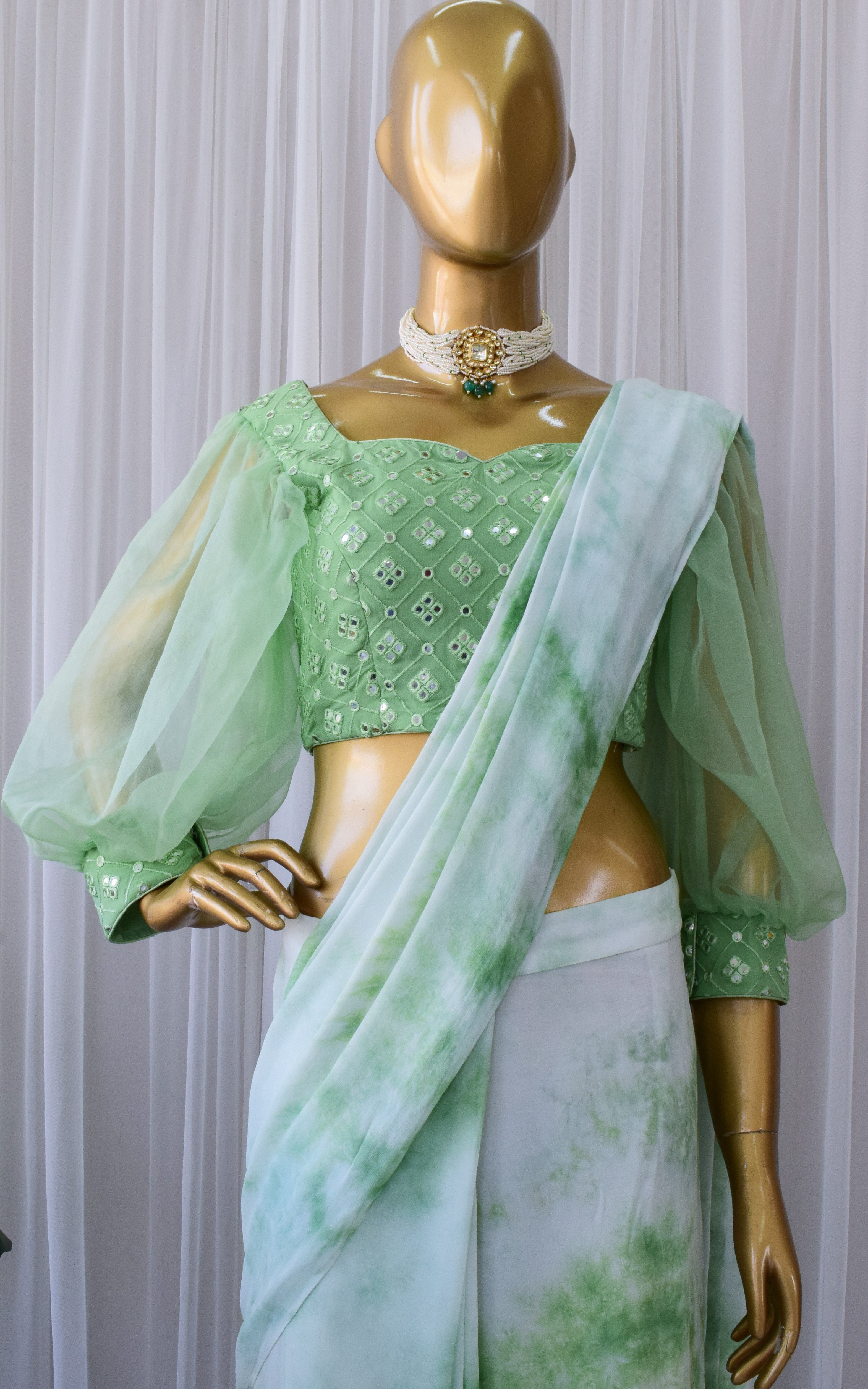 Pastel Green Pre-stitched Shibori Saree