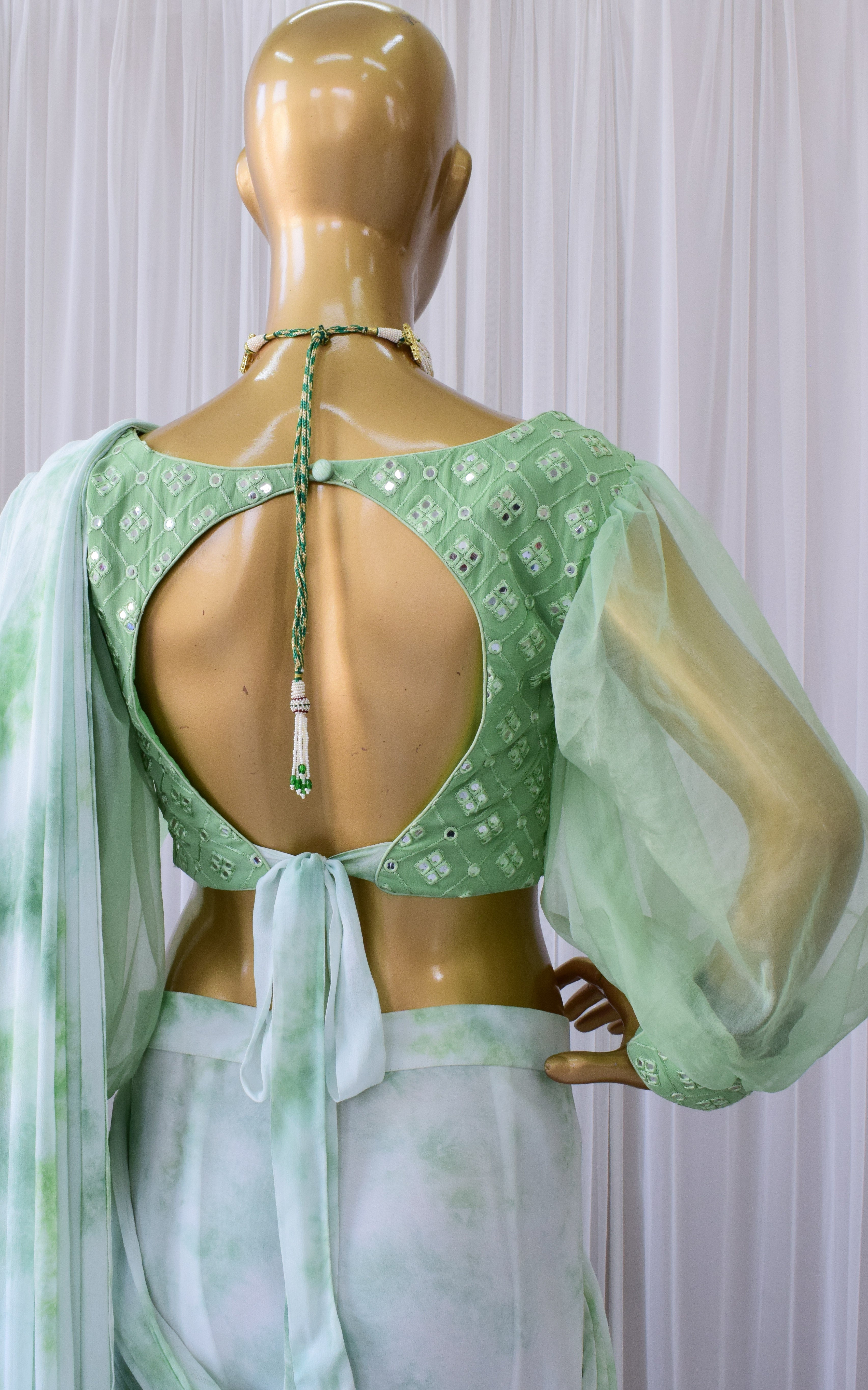 Pastel Green Pre-stitched Shibori Saree