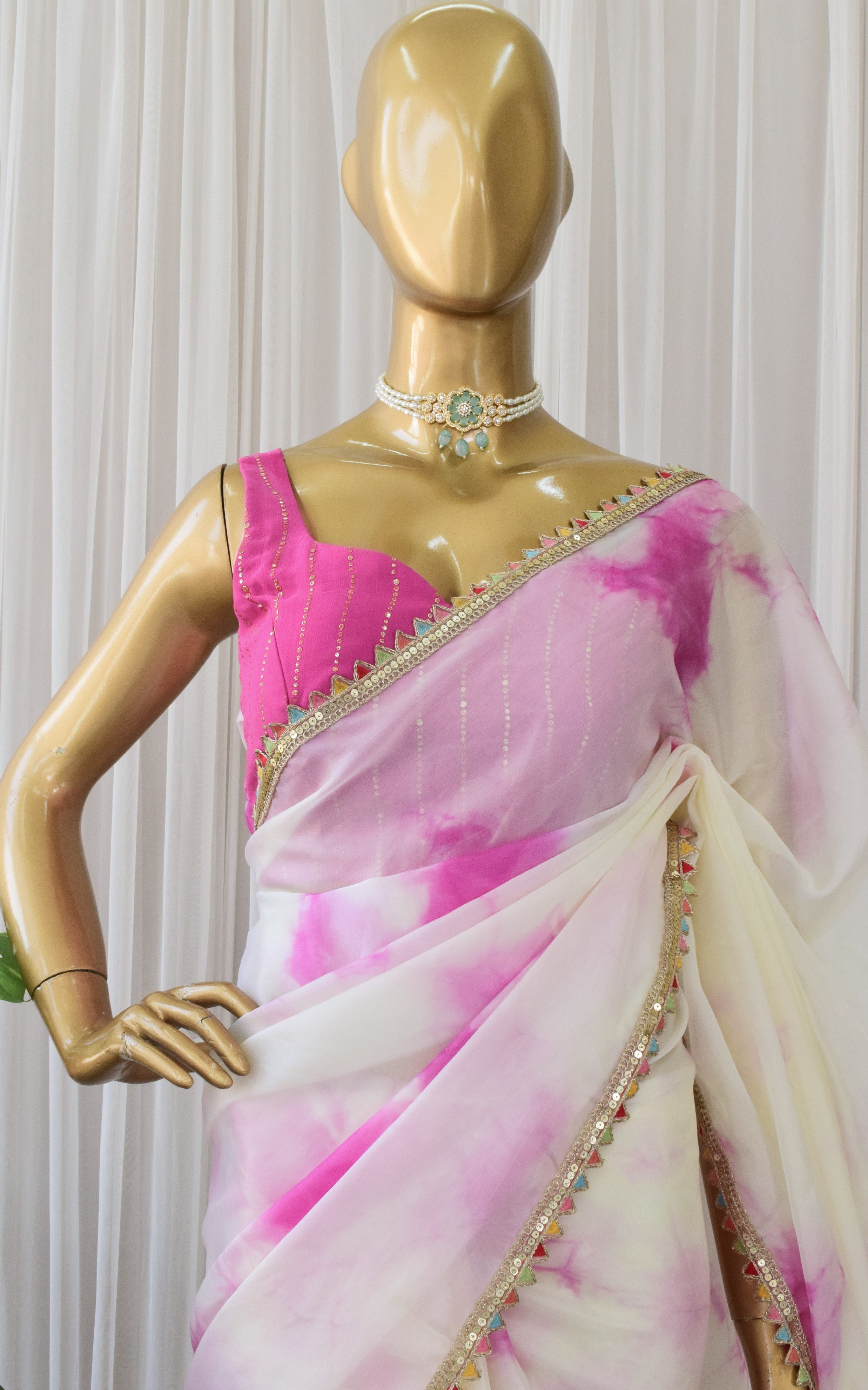 Cream and Pink Shibori Organza Saree