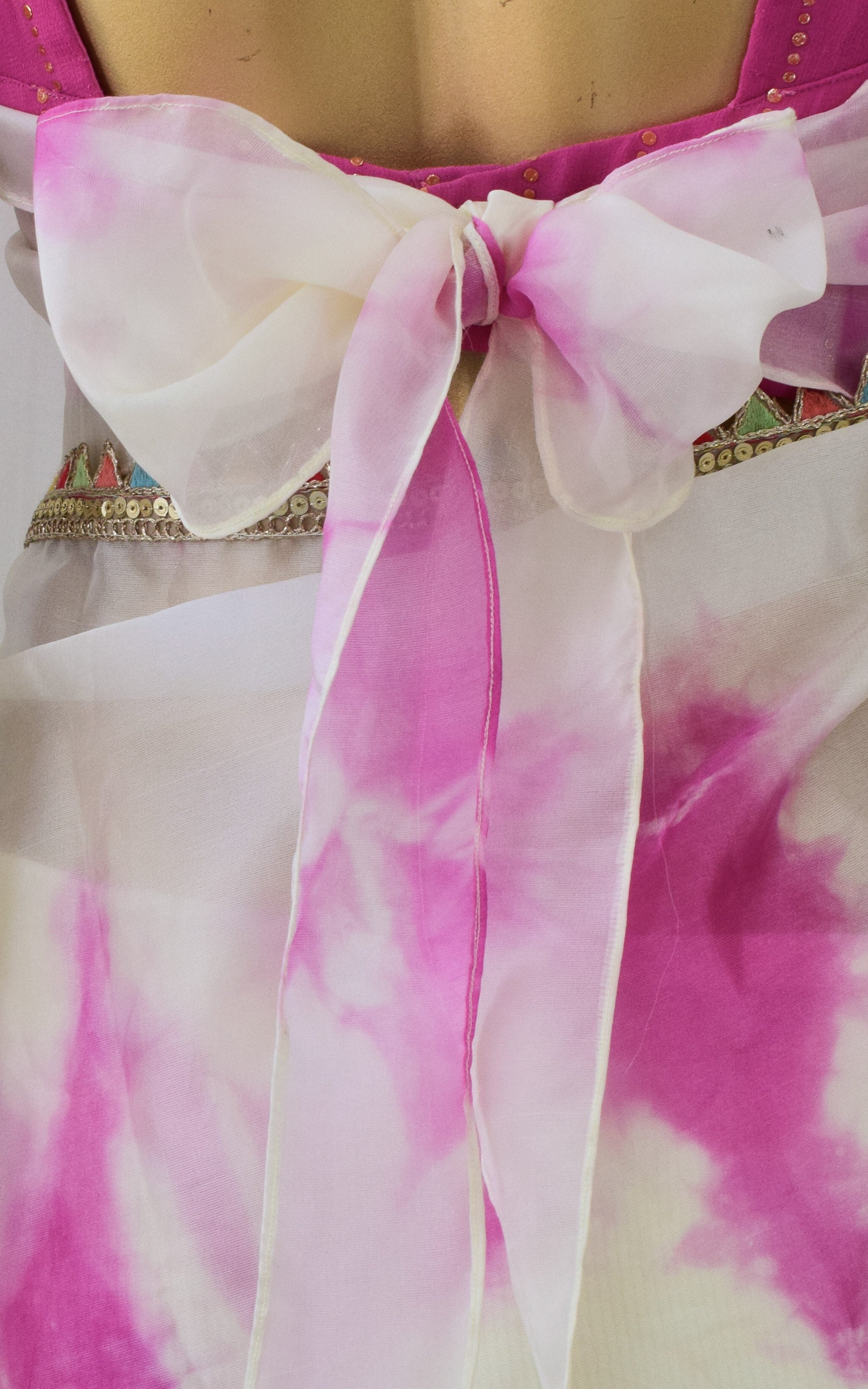 Cream and Pink Shibori Organza Saree