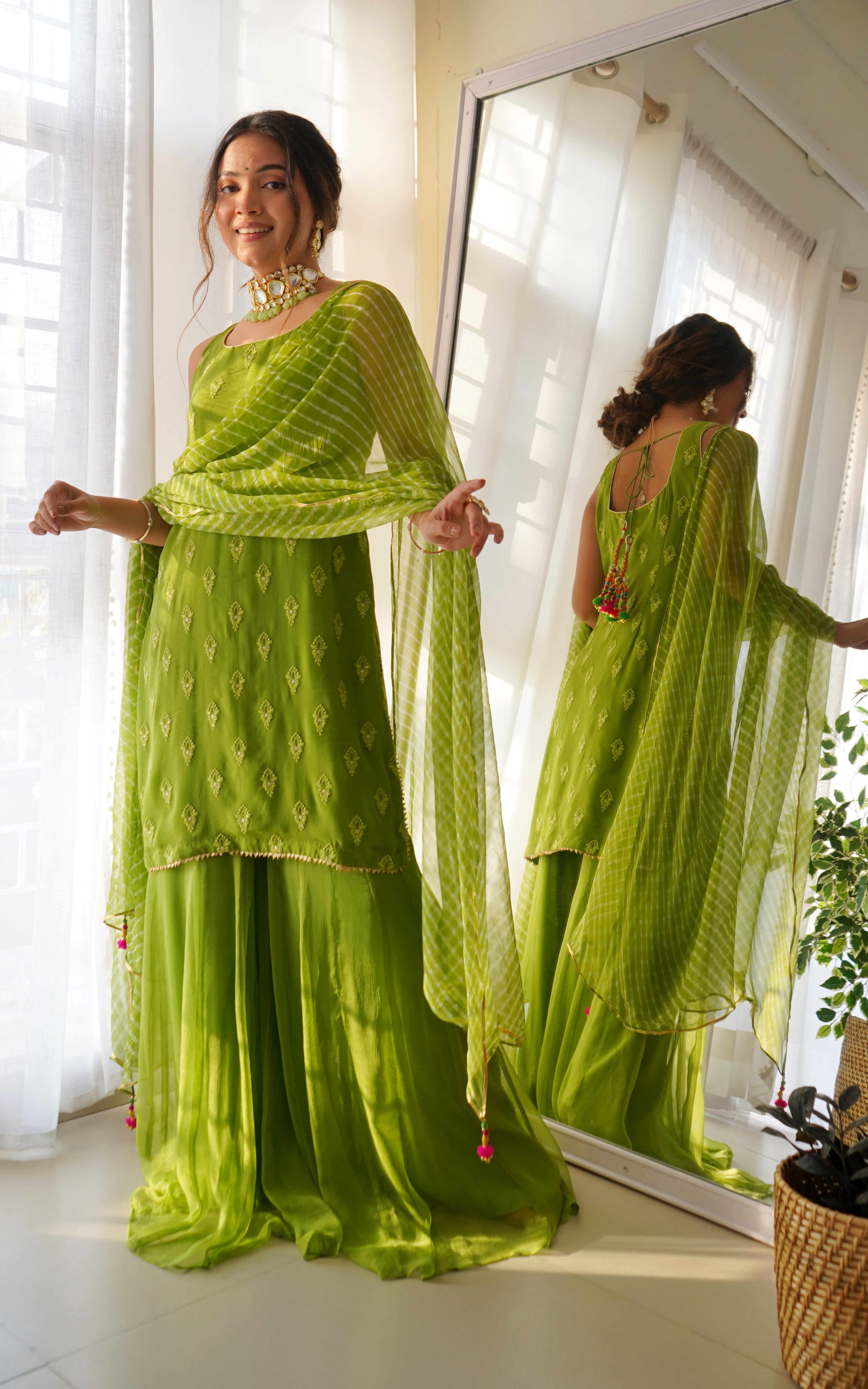 Arti Chauhan Henna Green Chikankari Sharara Set With Leheriya Dupatta
