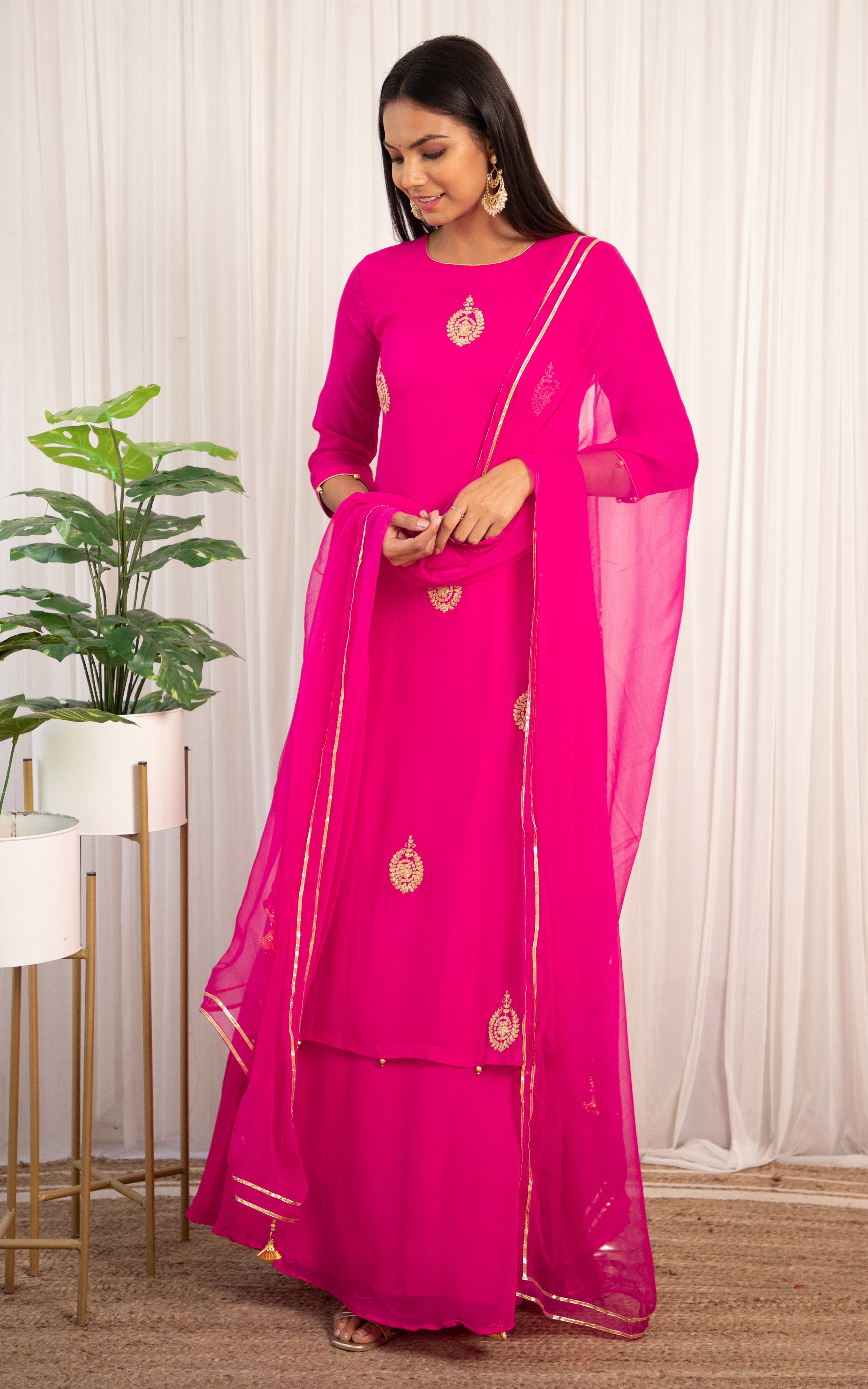 Fuchsia Pittan Dress with Chiffon Dupatta