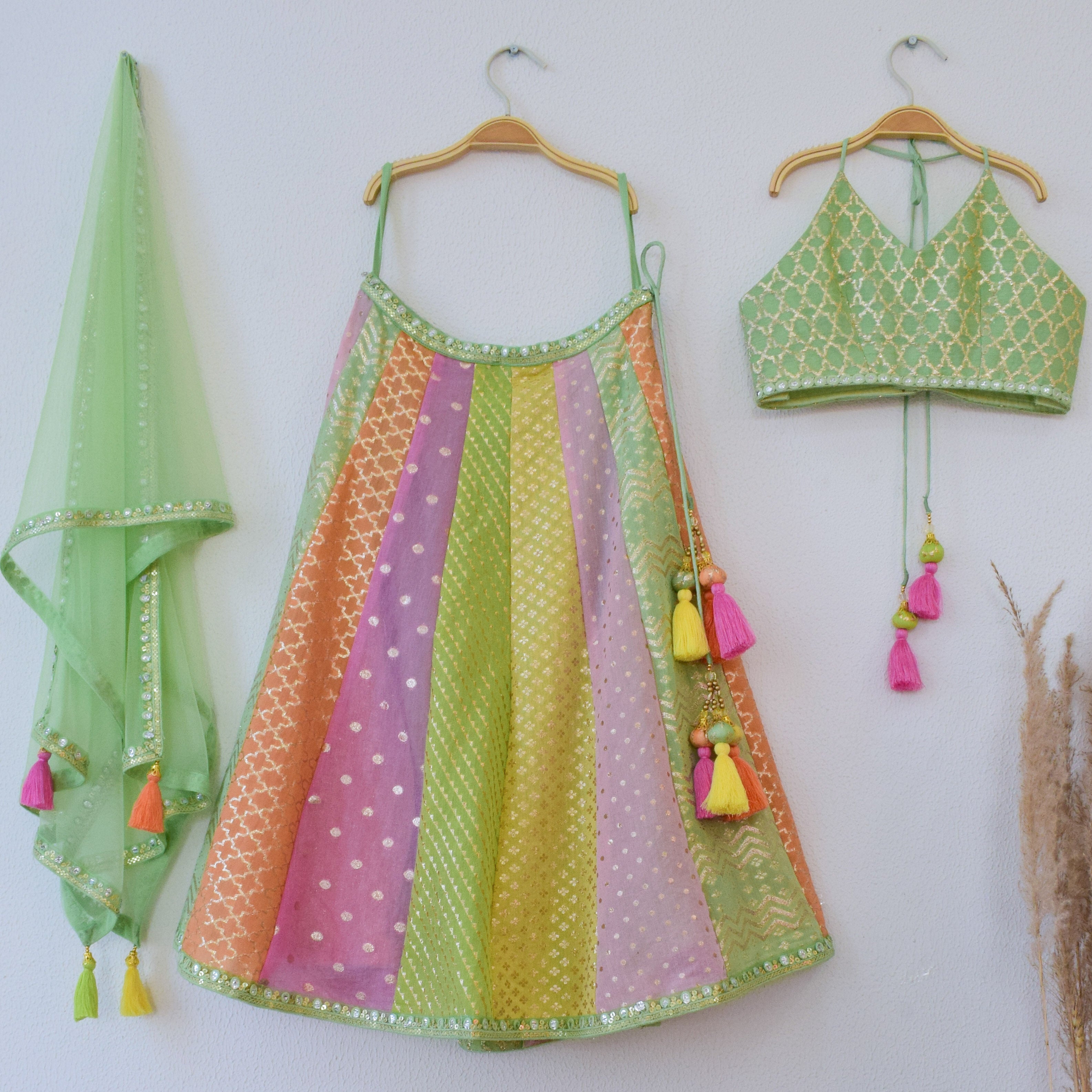 Multicolored Brocade Chanderi Kids Lehenga