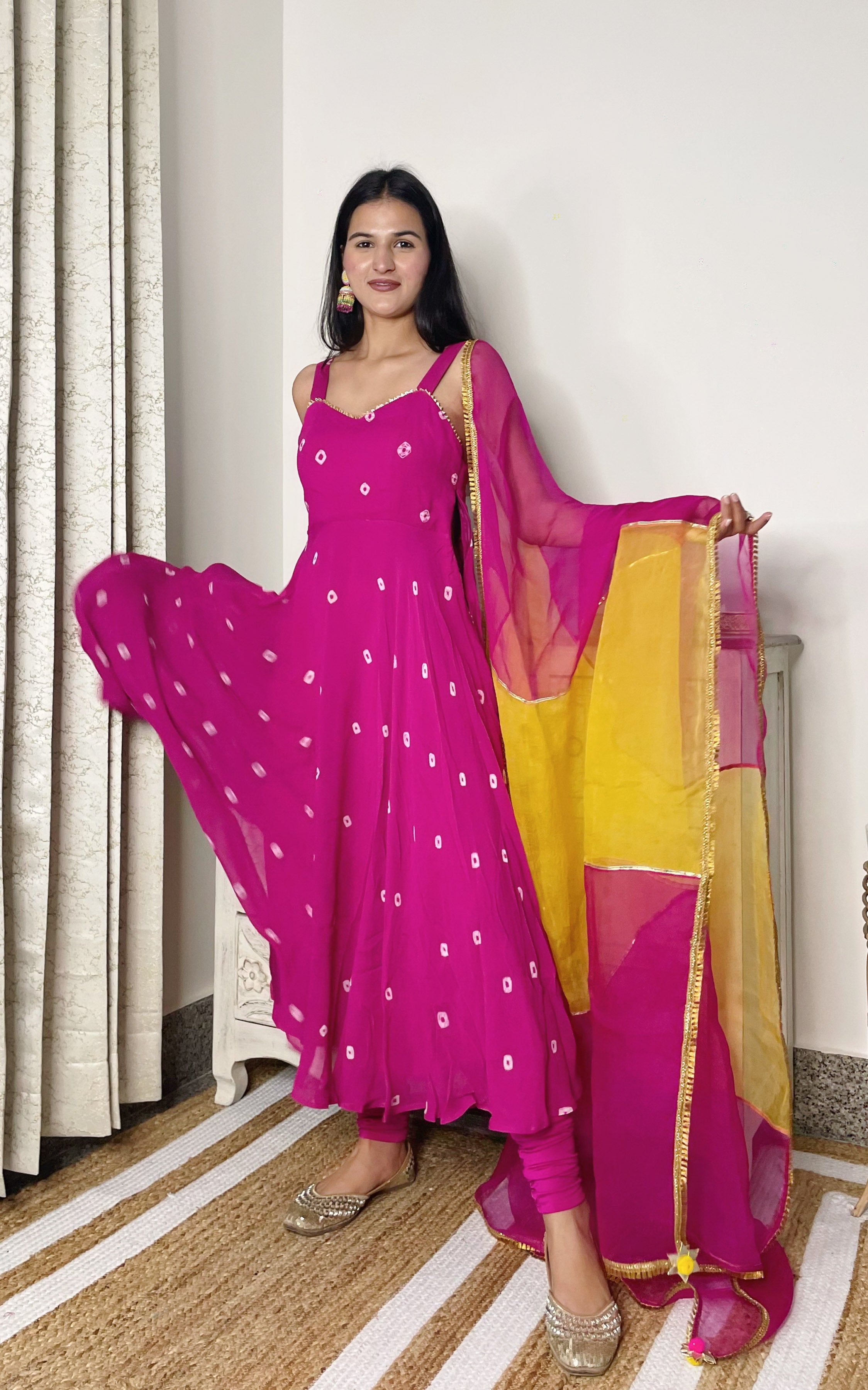 Swati Rathi Pink Bandhej Anarkali With Multicolored Organza Dupatta