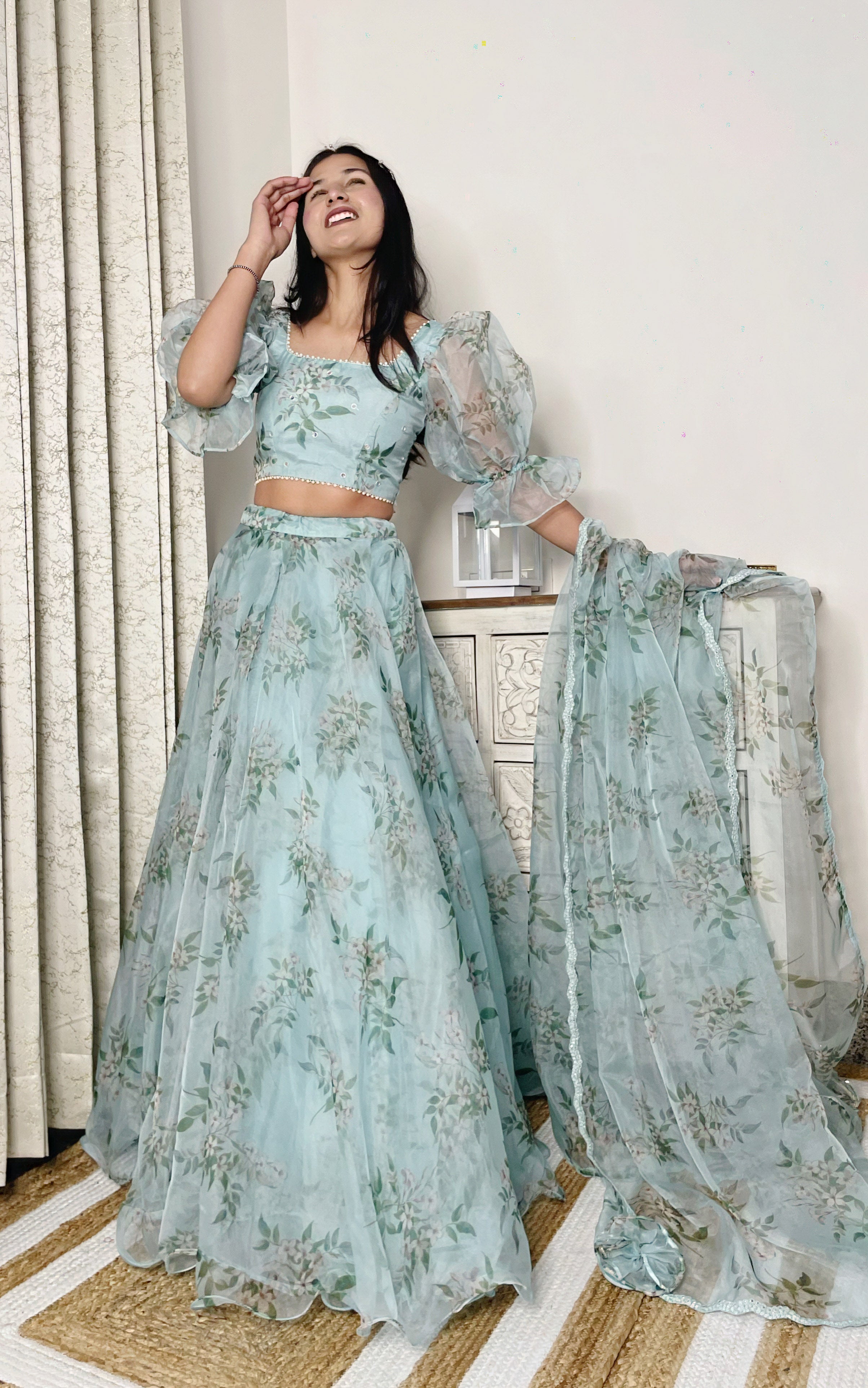 Swati Rathi Powder Blue Floral Mirrorwork Lehenga